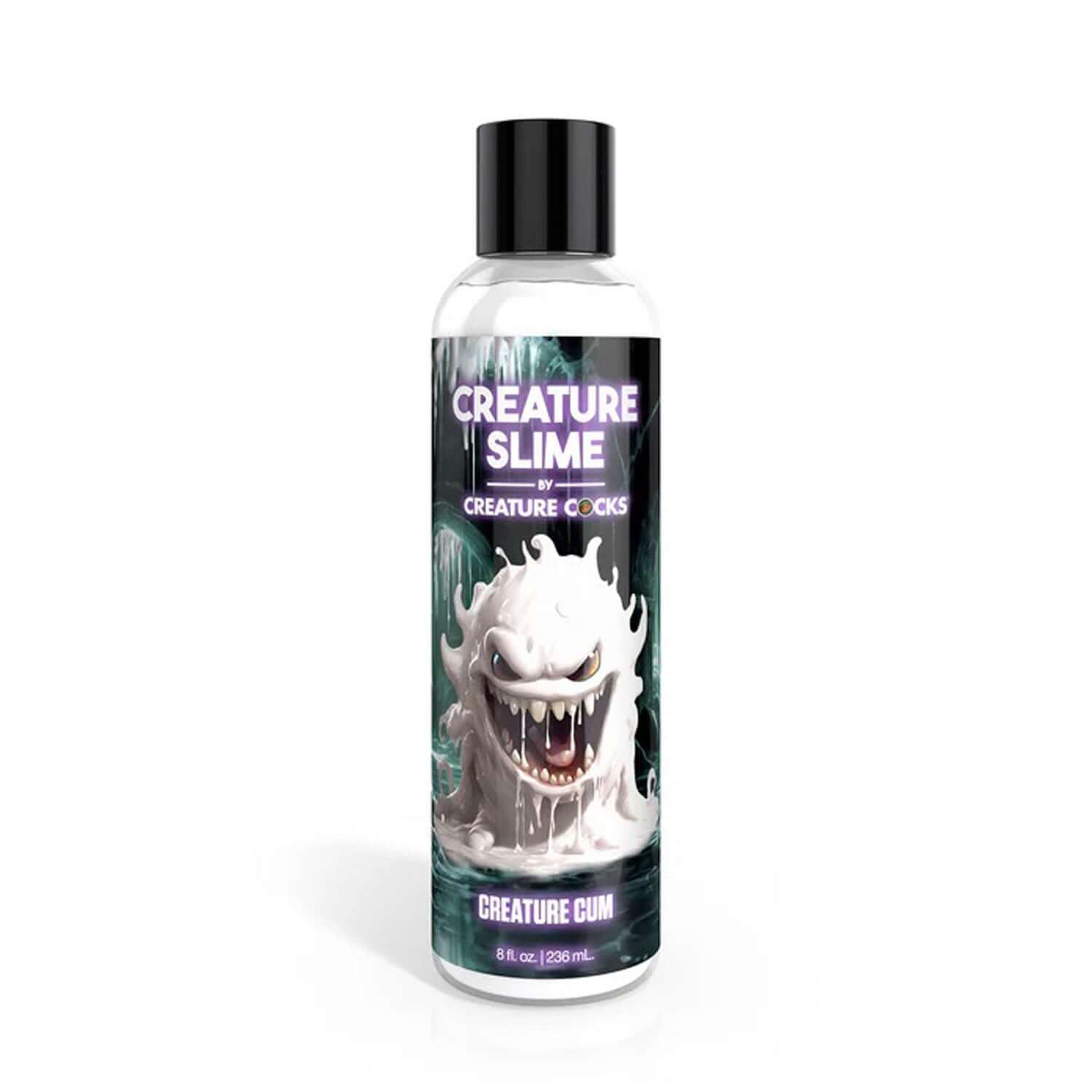 Bottle of 8oz Creature Slime Creature Cum unscented lubricant with colorful monster-themed label.