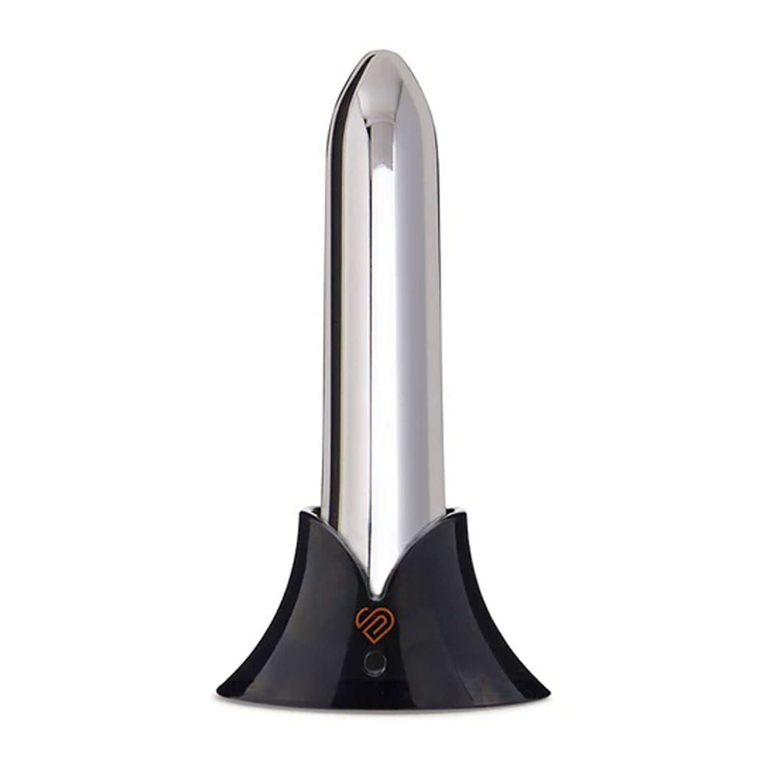 Sleek Nu Sensuelle Point Bullet in Silver with silicone outside and powerful vibrations, displayed on a stand.