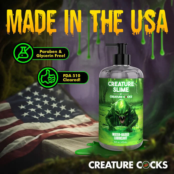 Creature Slime Water-Based Lubricant 16oz bottle - Made in the USA, paraben and glycerin-free, FDA 510 cleared, with American flag background