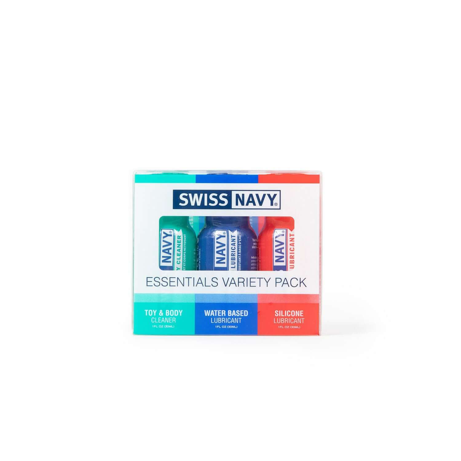 Swiss Navy Essentials Variety Pack 3-1oz containing Silicone lubricant, Water based lubricant, and Toy and body cleaner.