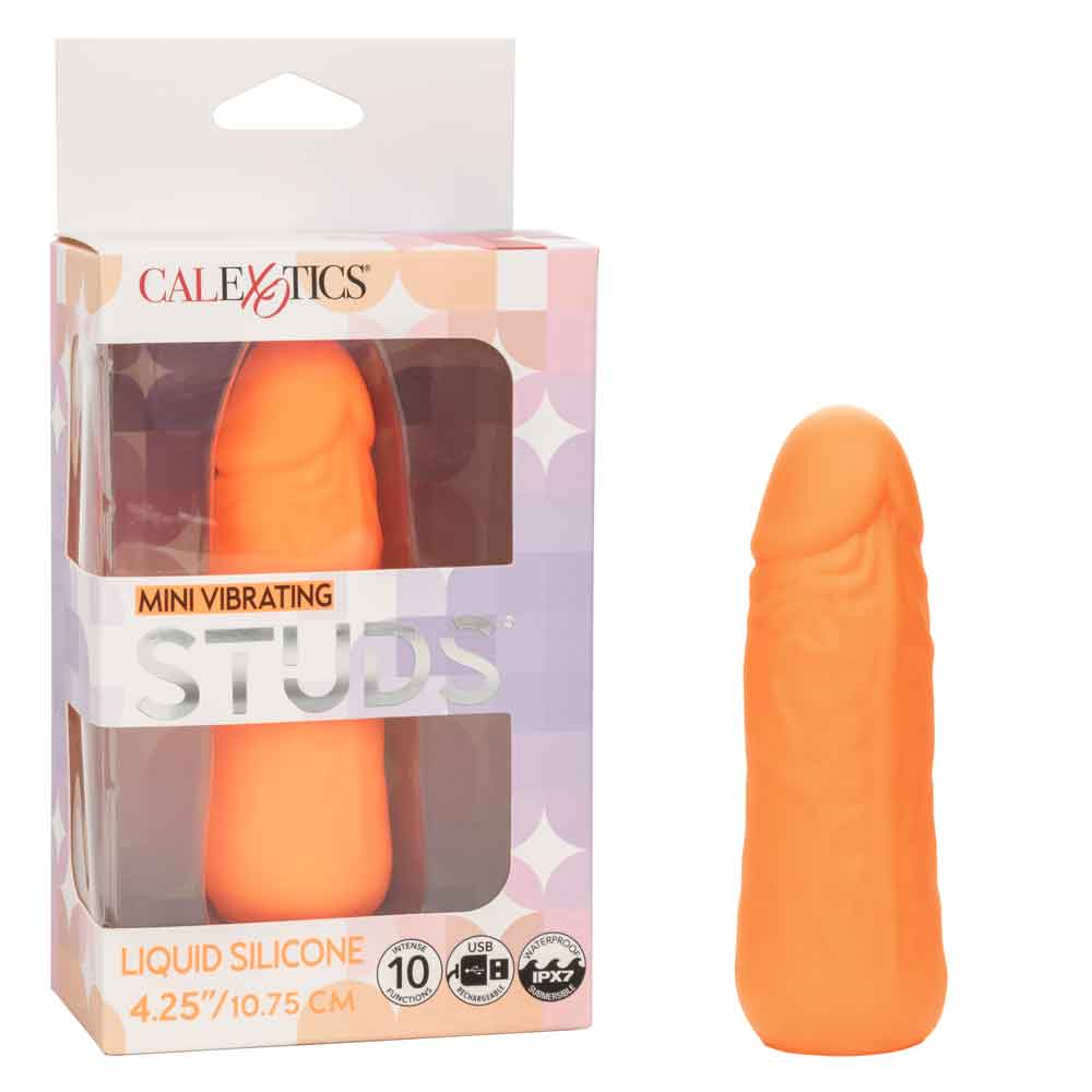 Orange Mini Vibrating Studs 4.25"/10.75 cm Liquid Silicone Vibe with 10 Functions of Vibration, Pulsation, and Escalation