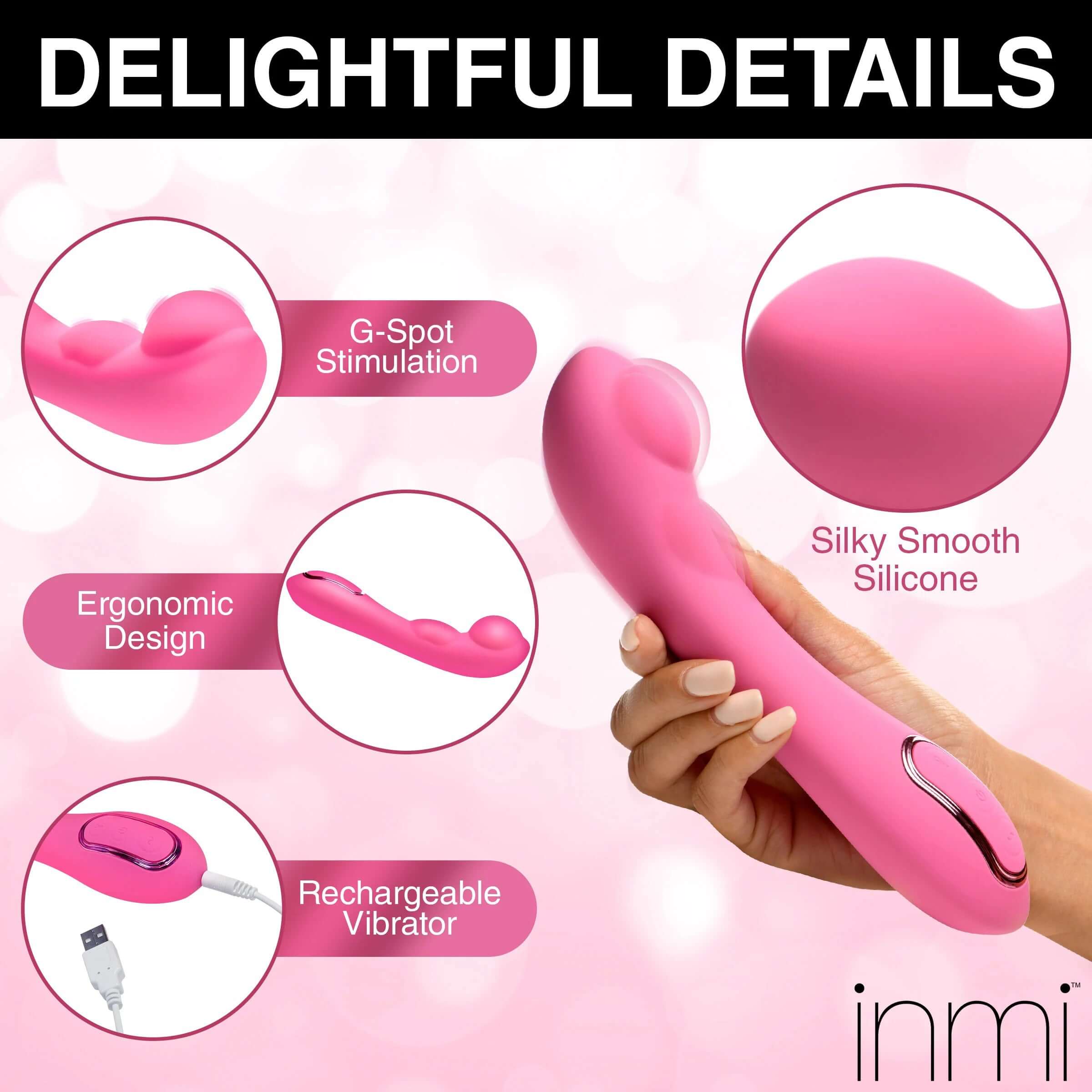 Pink Extreme-G Inflating G-Spot Silicone Vibrator with ergonomic design, silky smooth silicone, and rechargeable features held in hand.