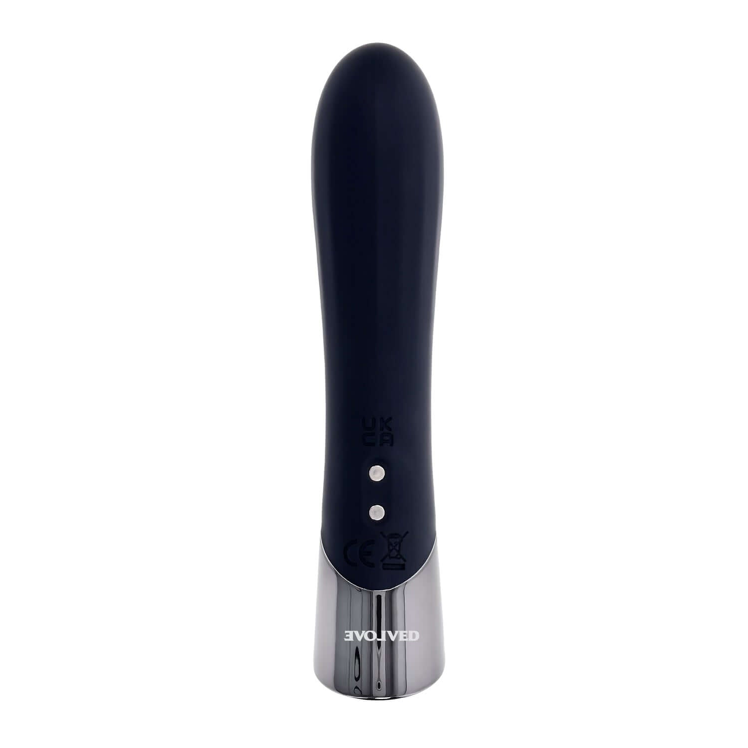 Sleek black vibrator with chrome tip, featuring textured shaft and simple one-button control for enhanced pleasure.