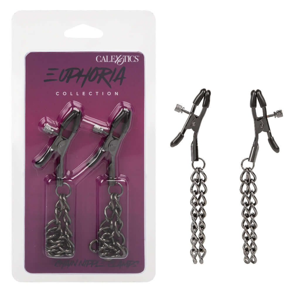 Euphoria Collection Chain Nipple Clamps in black packaging with chain details for sensory play enhancement