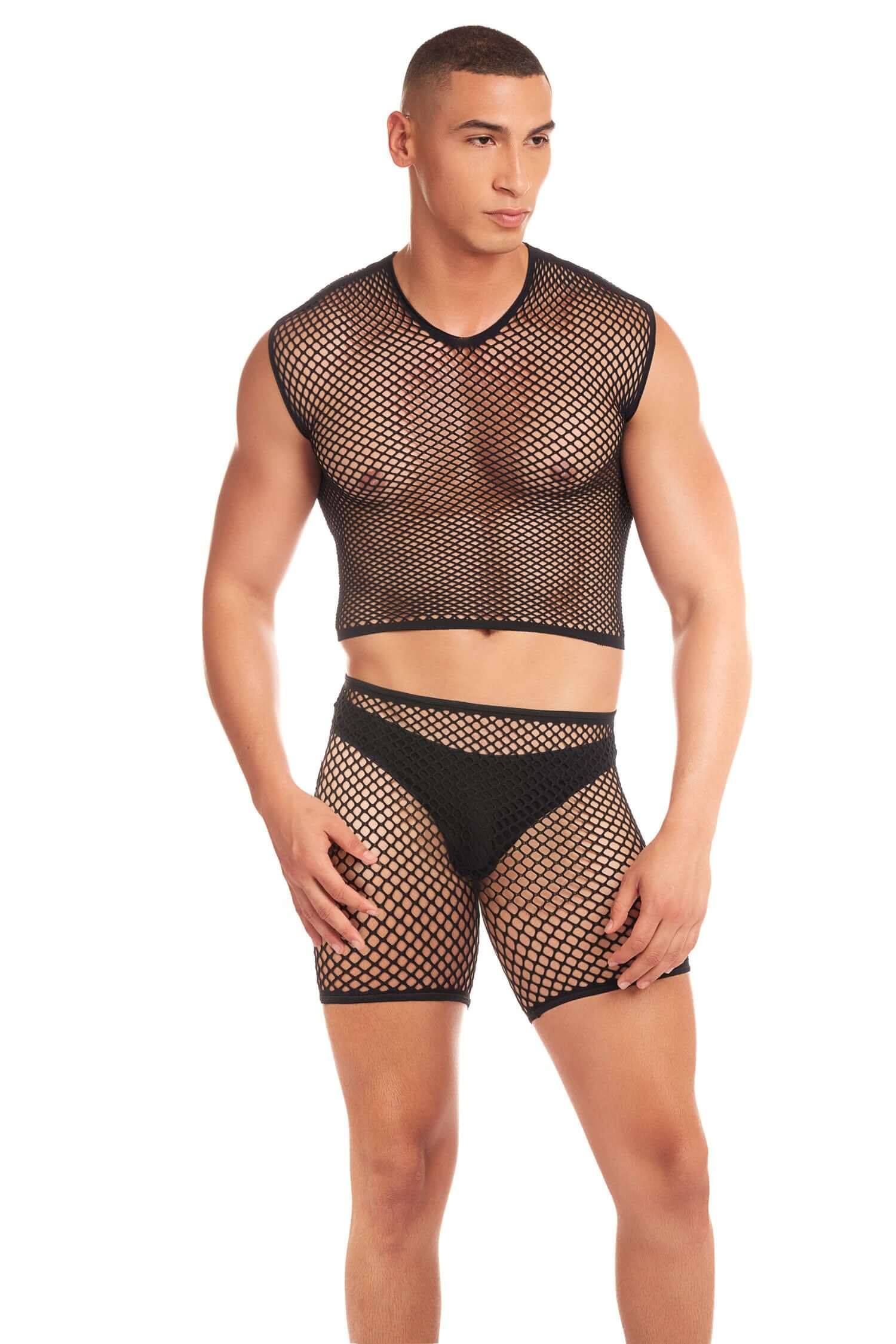 Man wearing Net-Bula 3pc Set in black, featuring fishnet design, made of 95% nylon and 5% spandex, small/medium size.