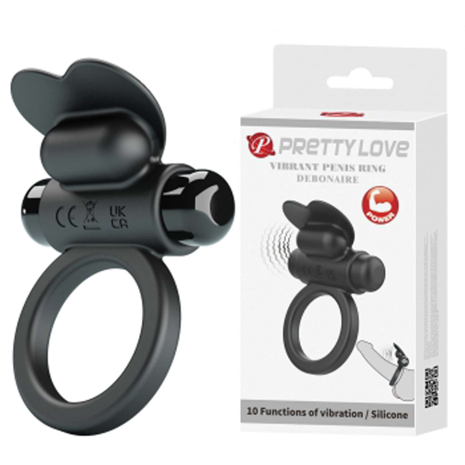 Vibrating penis ring Debonaire in black, featuring a unique design and 10 vibration functions for enhanced pleasure.