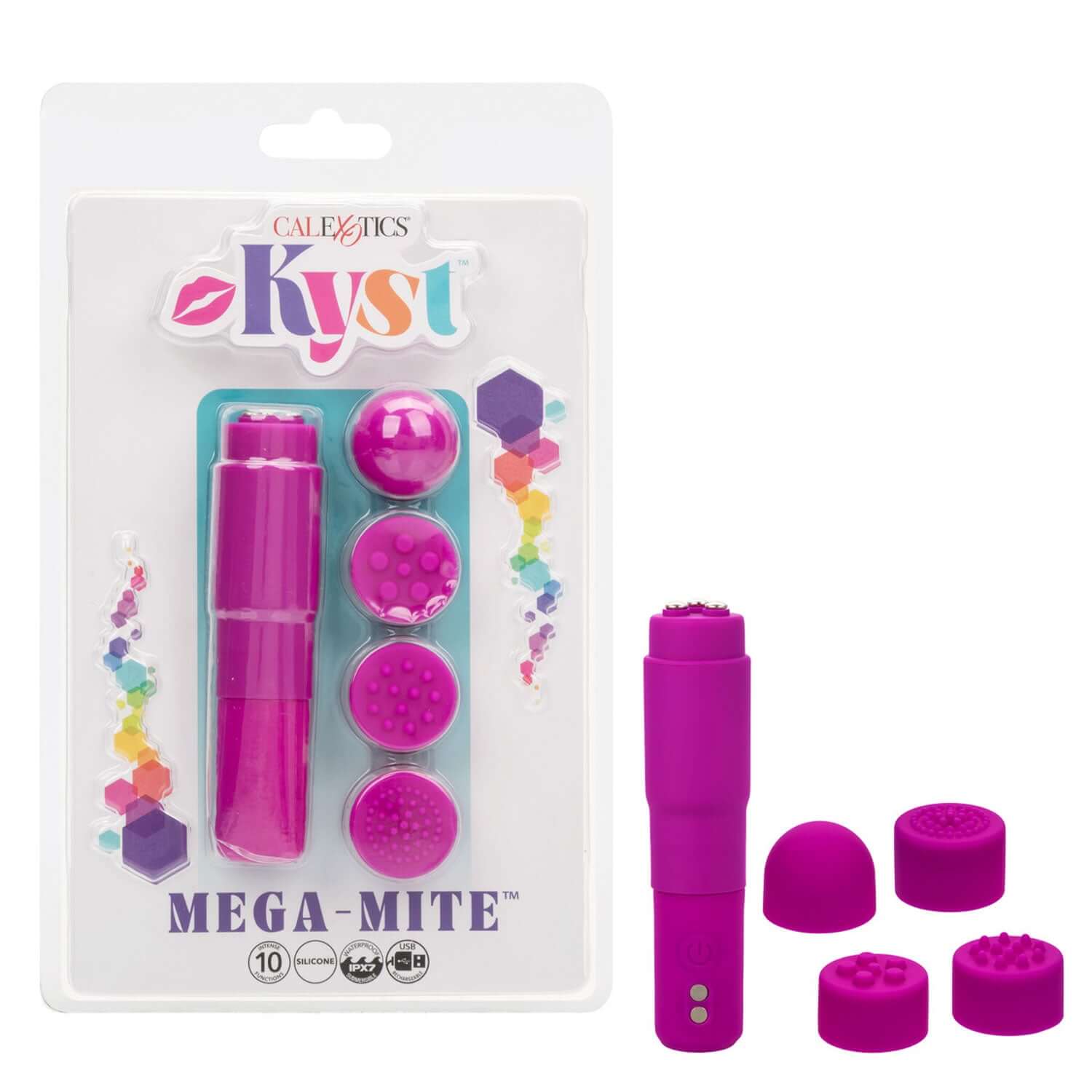 Kyst Mega-Mite Massager in pink with 4 interchangeable silicone tips for versatile personal pleasure stimulation.