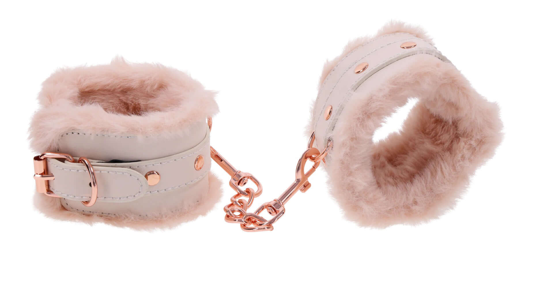 Pink faux fur handcuffs with luxurious light peach color and rose gold hardware - Peaches 'N Creame Fur Handcuffs.