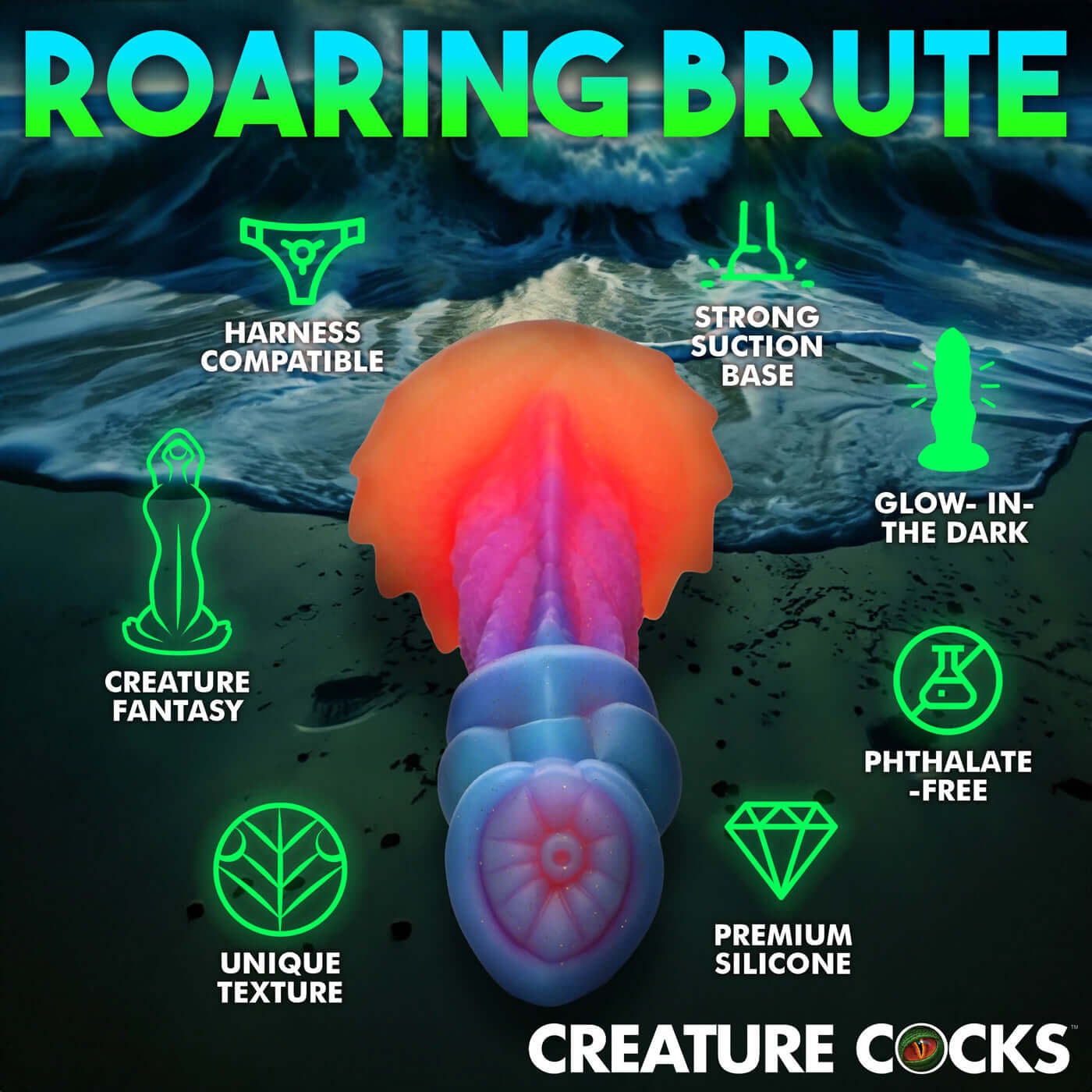 Roaring Brute glowing silicone dildo with harness compatibility, strong suction base, phthalate-free, and premium silicone features