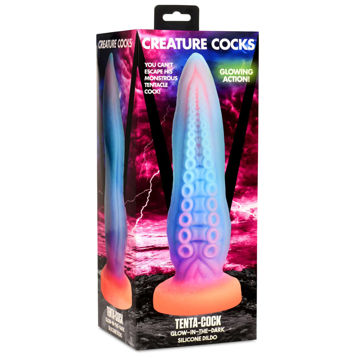 Tenta-Cock Glow-in-the-Dark Silicone Dildo packaging featuring blue, purple, and orange hues with suction cup design and glowing effect