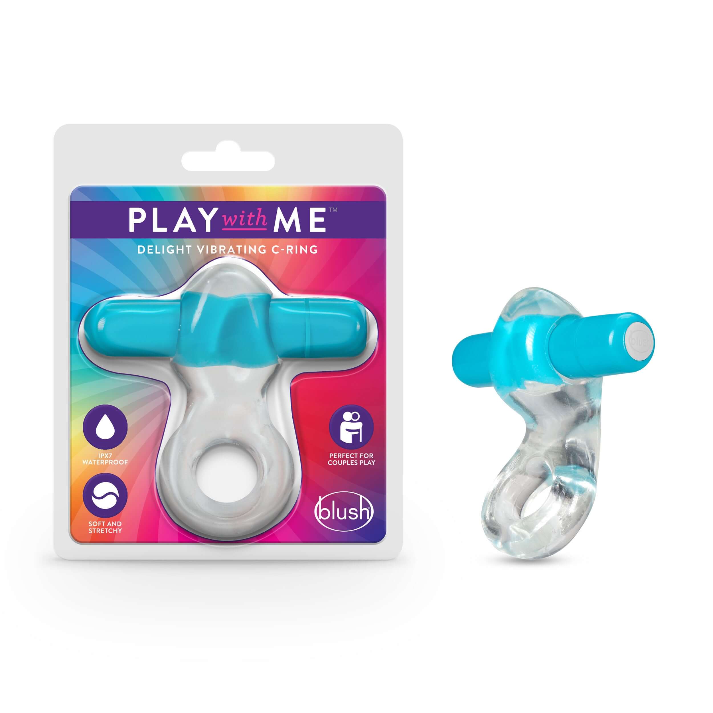 Play With Me Delight Vibrating C-Ring in Blue Packaging and Product Side View