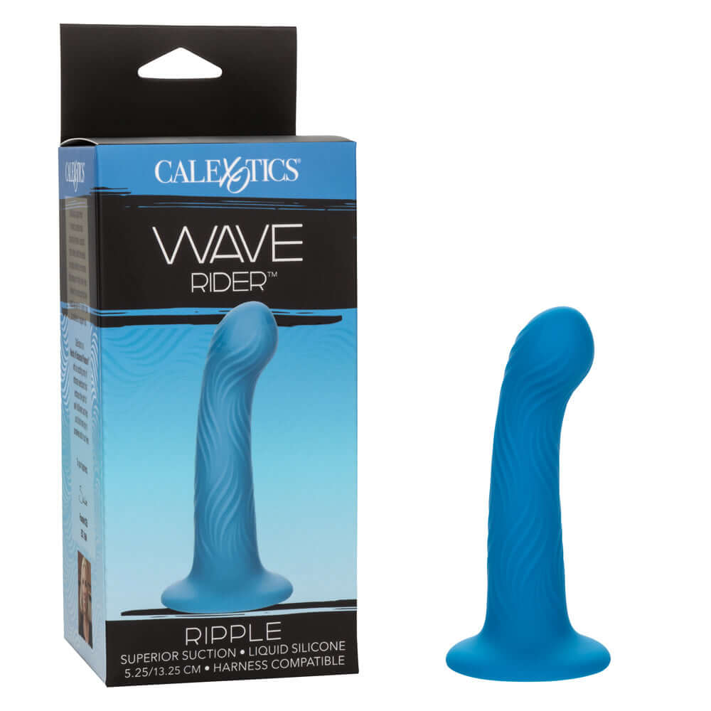 Wave Rider Ripple blue dildo with wavy texture and packaging, designed for intense G-spot stimulation, made from high-quality liquid silicone