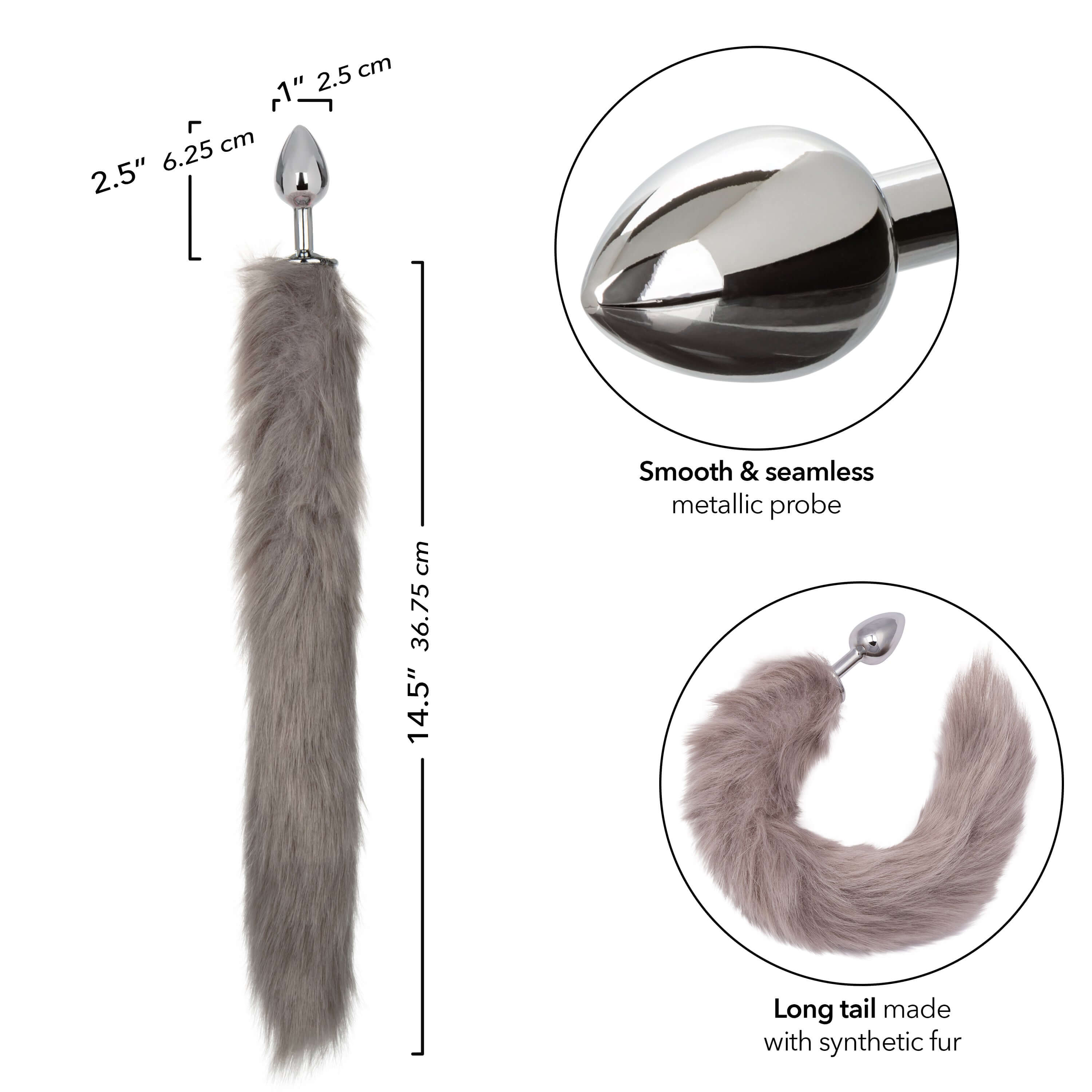 Grey Running Wild Tail Anal Plug with seamless metallic probe and synthetic fur tail, dimensions displayed.