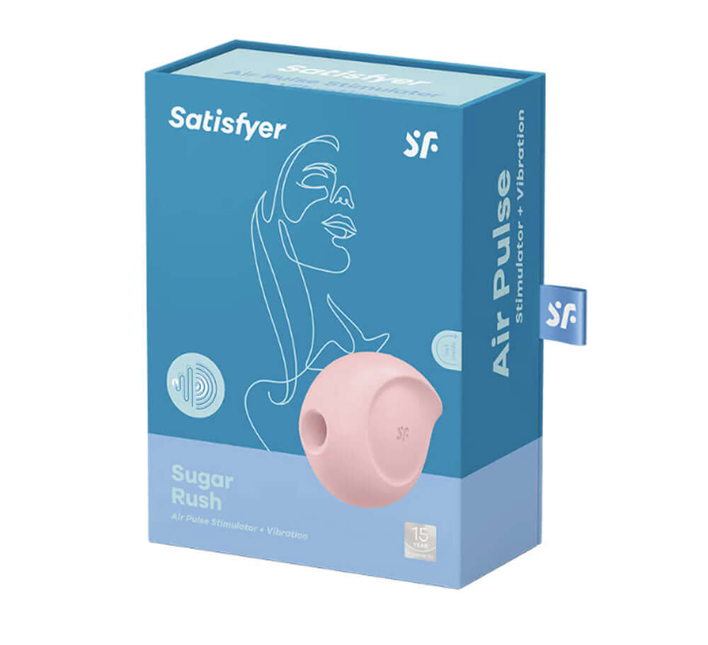 Satisfyer Sugar Rush - Air Pulse Stimulator Plus Vibration packaging in playful rose color design. Ideal travel companion for pleasure.