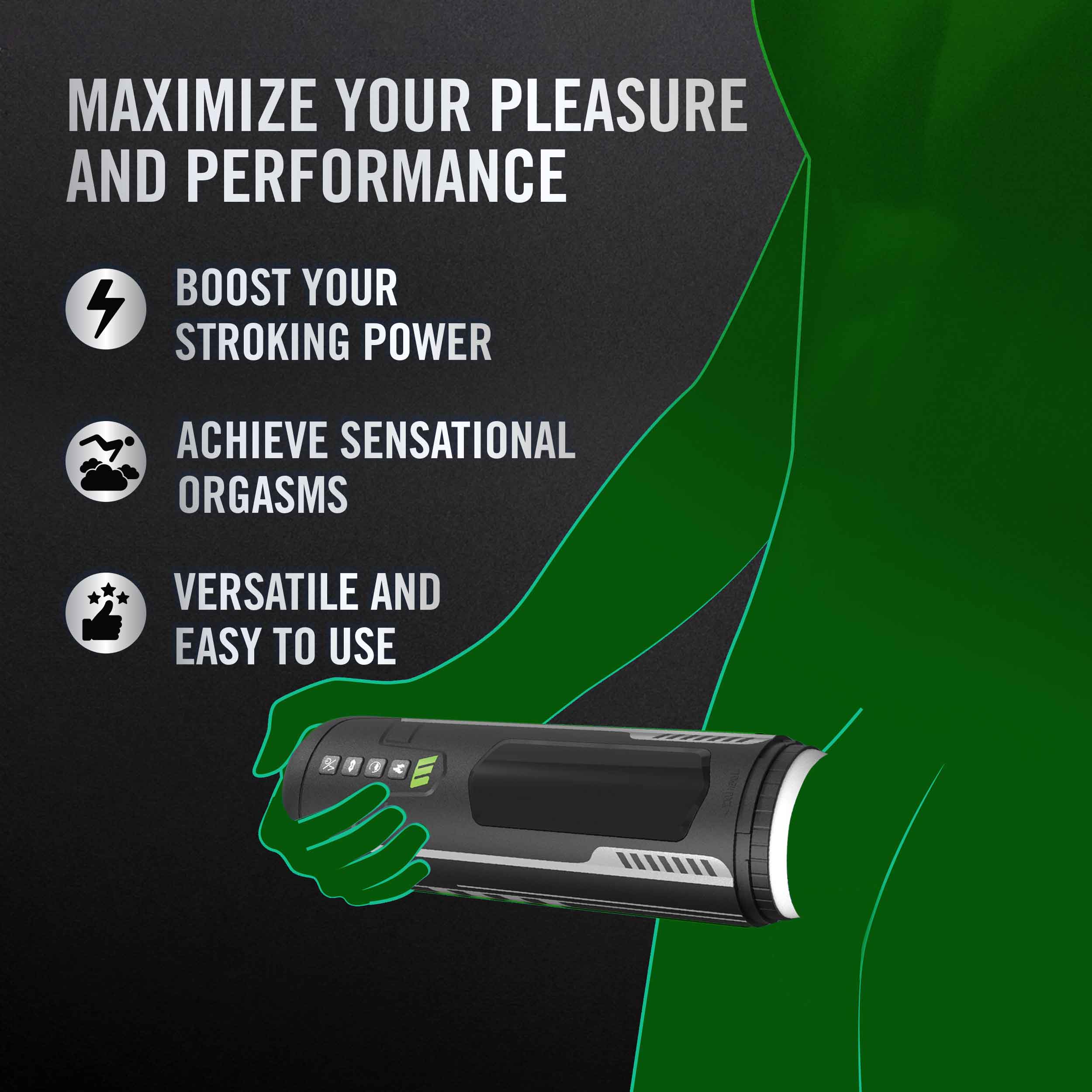 M for Men Master Blaster Masturbator showcasing its features, including boosted stroking power, sensational orgasms, and versatile use.