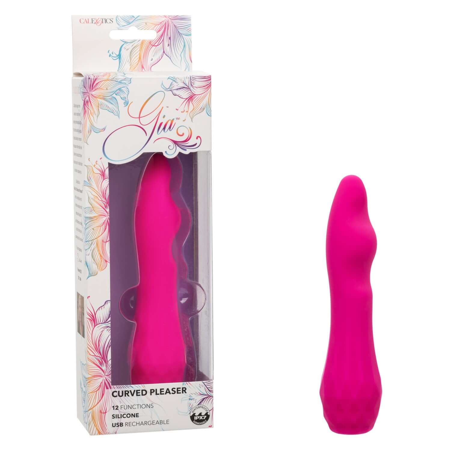 Gia Curved Pleaser Vibrator in Pink with 12 functions and ergonomically curved design for enhanced pleasure, shown with packaging.