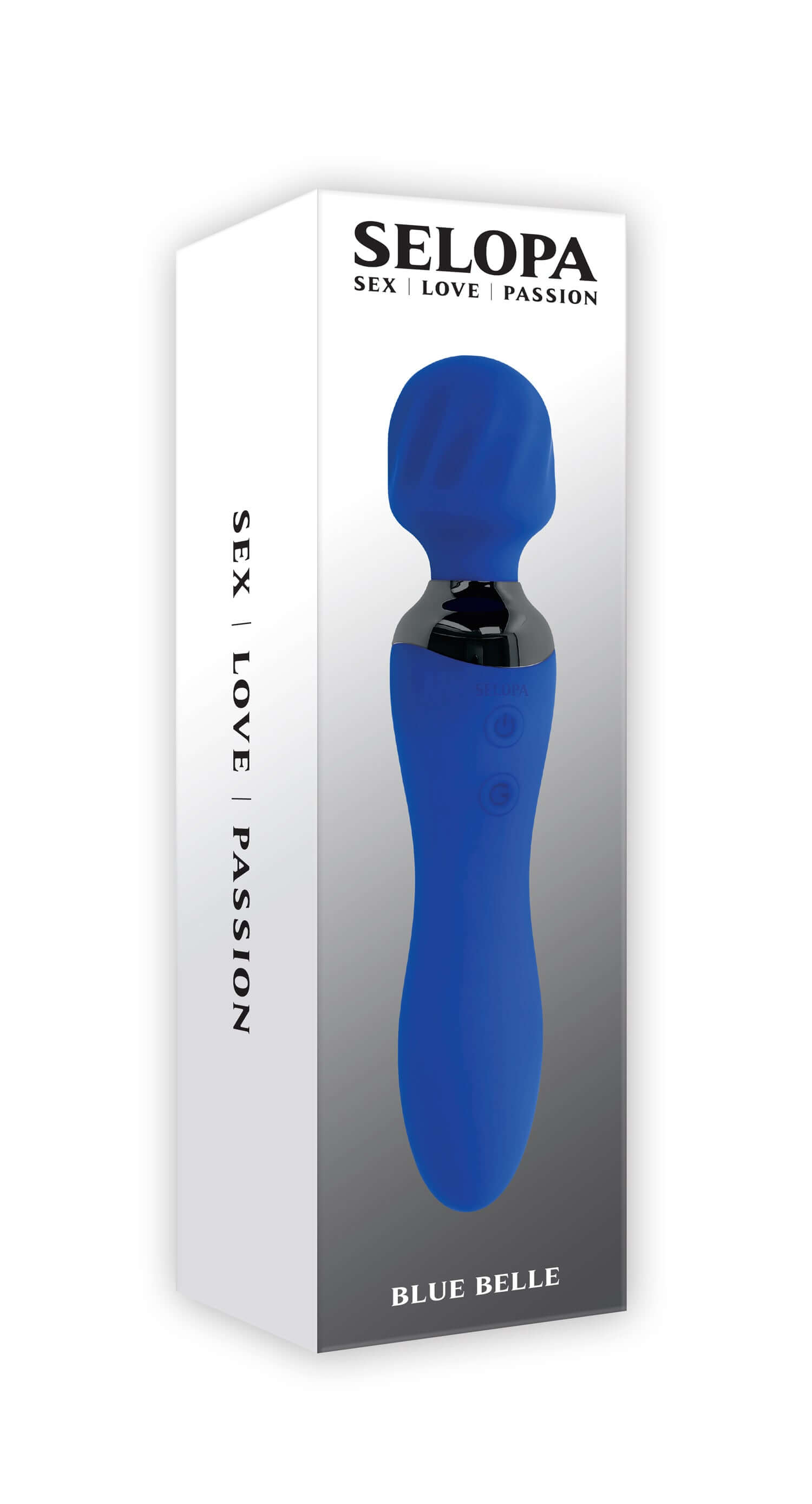 Blue Belle Wand Massager in stylish packaging, showcasing its double-ended design and textured head features.