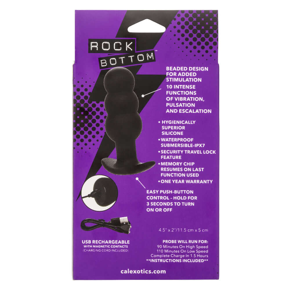 Rock Bottom Beaded Probe packaging with features listed including 10 vibration functions, waterproof, USB rechargeable, and travel lock.