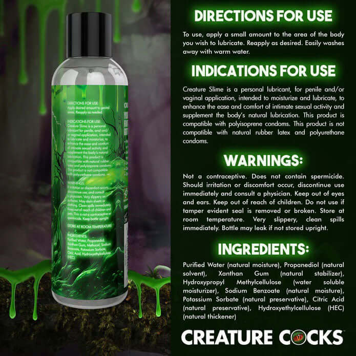 Creature Slime Water Based Lubricant 8oz bottle instructions, uses, warnings, and ingredients details on green background