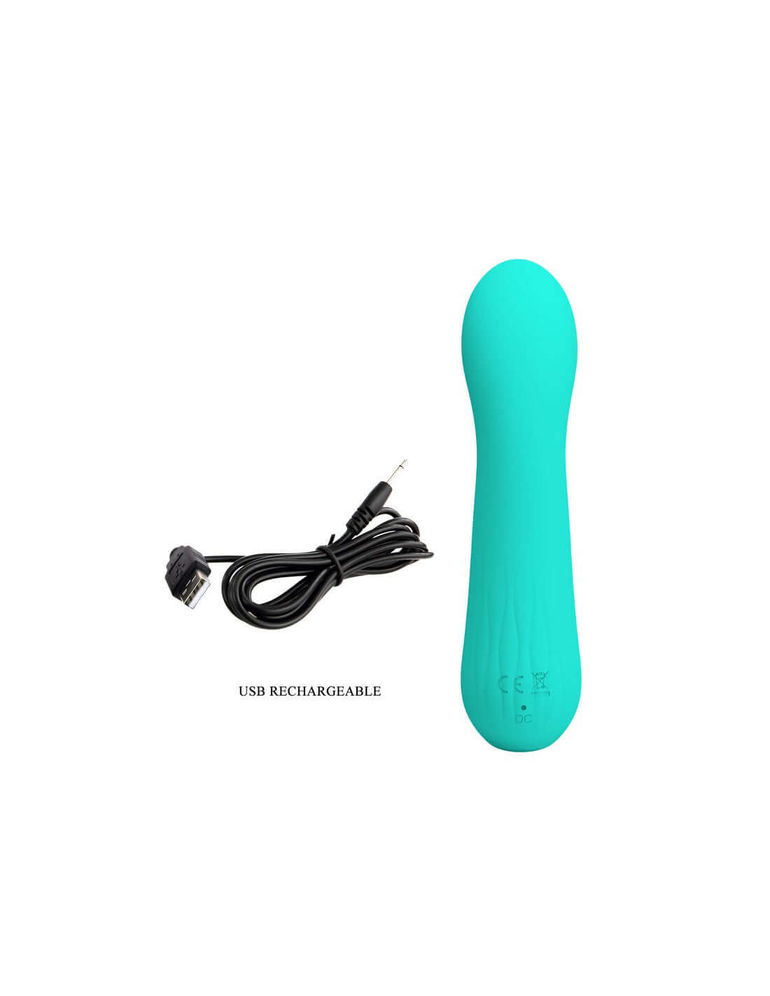 Turquoise Faun rechargeable vibrator with USB cable, featuring soft silicone G-spot curved design for sensual experiences.