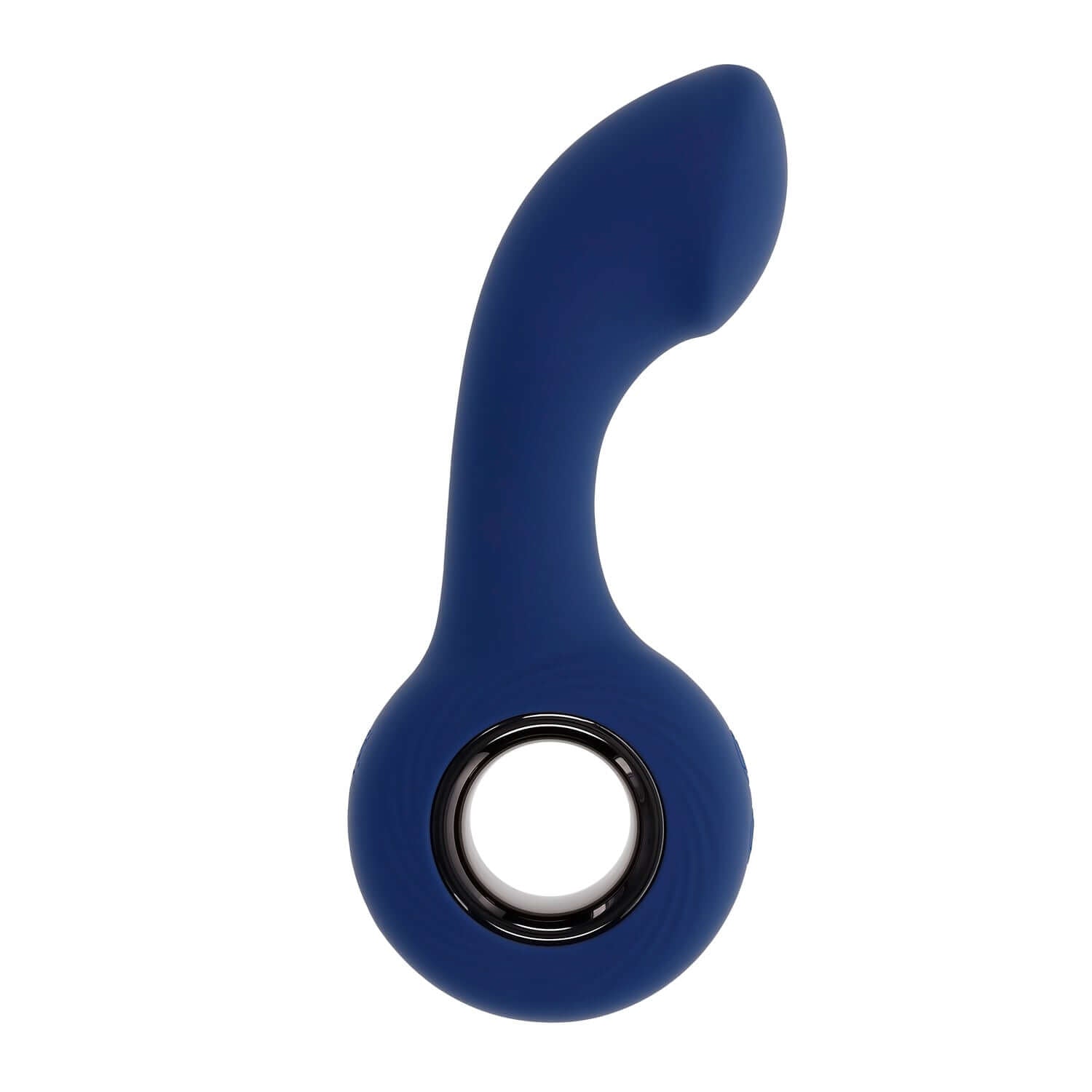 Blue anal vibrator with a ringed handle and curved shaft, designed for targeted P-spot stimulation and comfort.