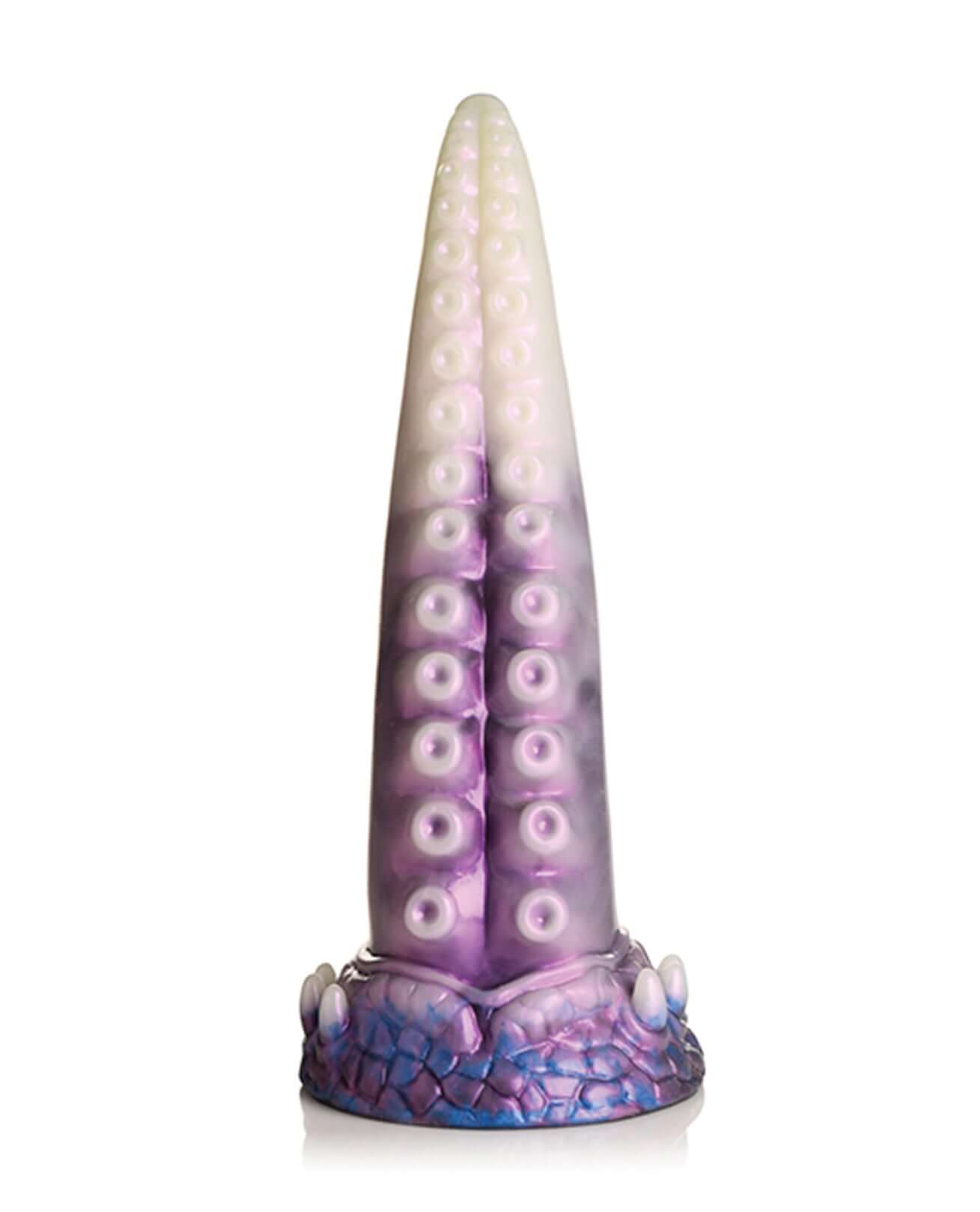 Purple and white silicone tentacle dildo with suction cup design on white background.