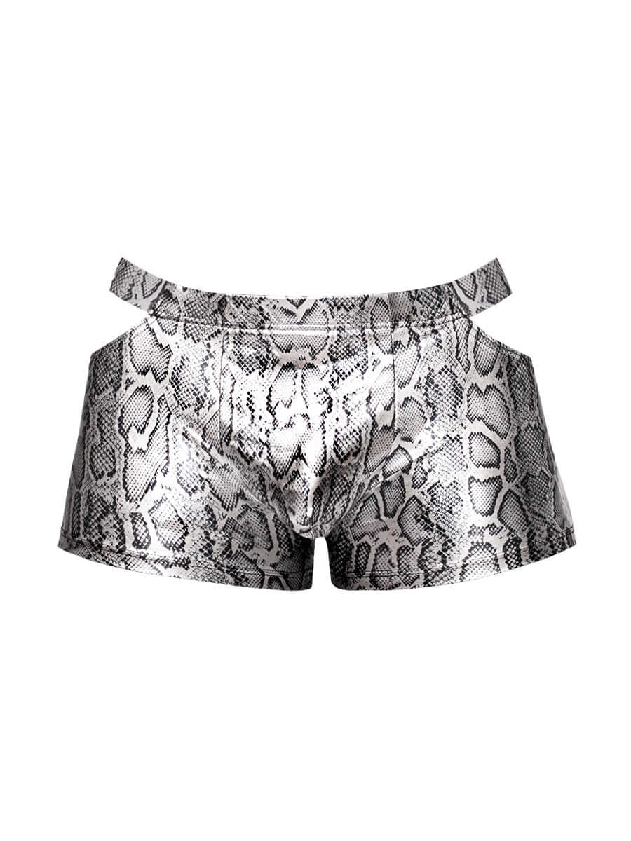 Large silver and black S’naked Pouch Short with metallic snake print, featuring a cut-out window and luxurious snakeskin feel.