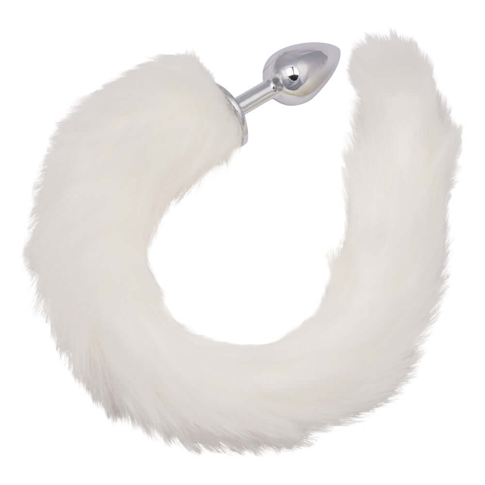 White Running Wild Tail Anal Plug with long luxurious fur tail and smooth metallic probe for sensory exploration and stimulation