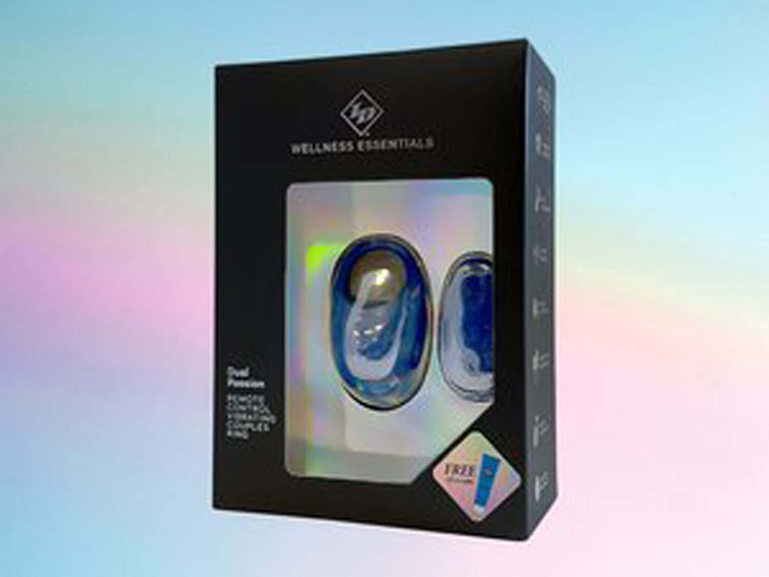 Dual Passion Remote Control Vibrating Couples Ring in packaging, featuring a blue design and wellness essentials branding.