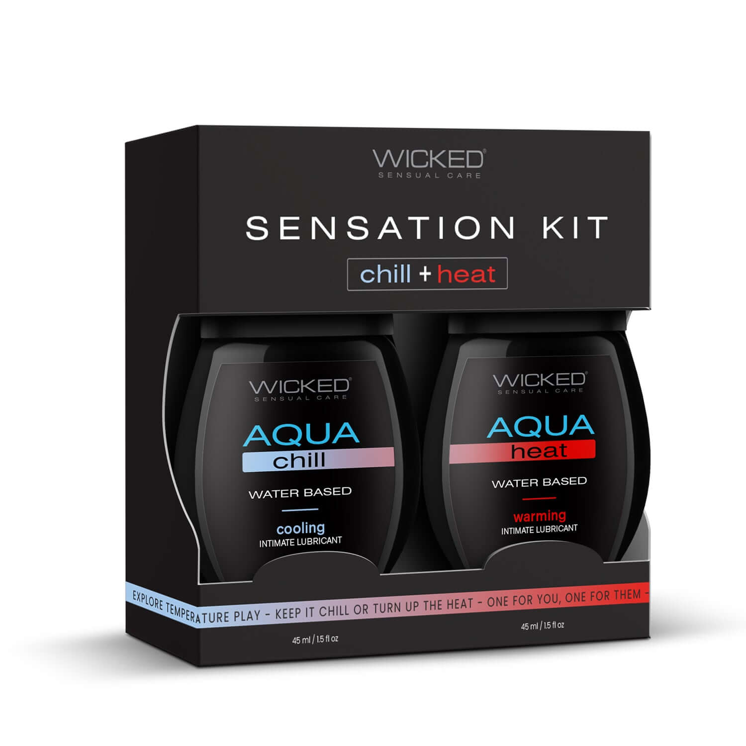 Wicked Sensation Kit featuring Aqua Chill and Aqua Heat water-based intimate lubricants for temperature play.