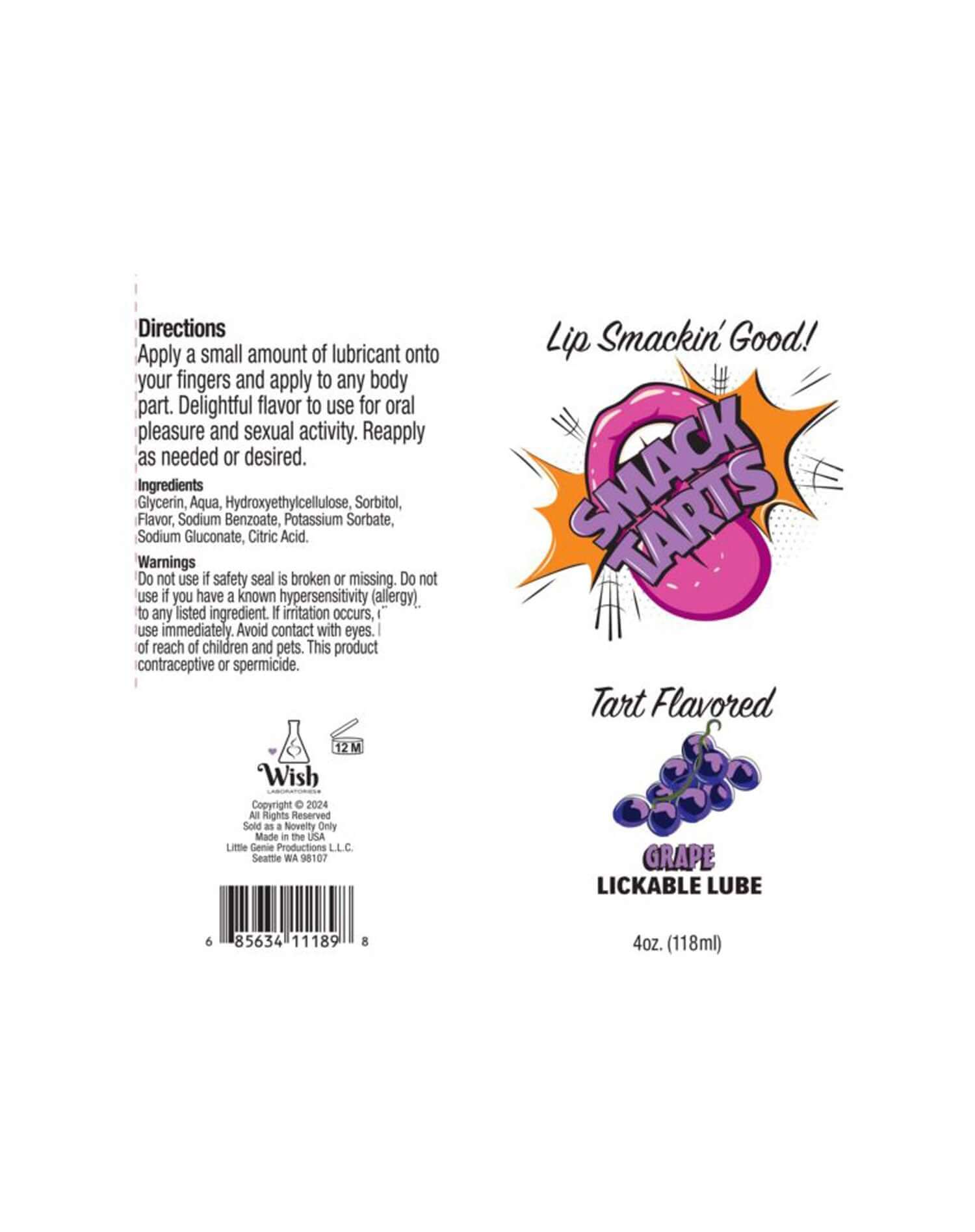 Smack Tarts 4oz grape flavored lickable lubricant label with usage directions and ingredients.