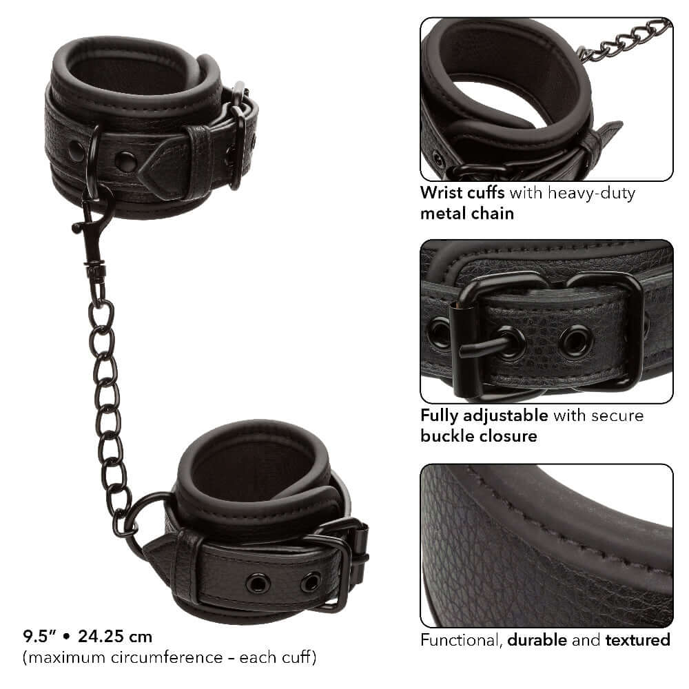 Nocturnal Collection Wrist Cuffs - Black with adjustable buckle closure and heavy-duty metal chain for secure fit. Maximum circumference 9.5''.