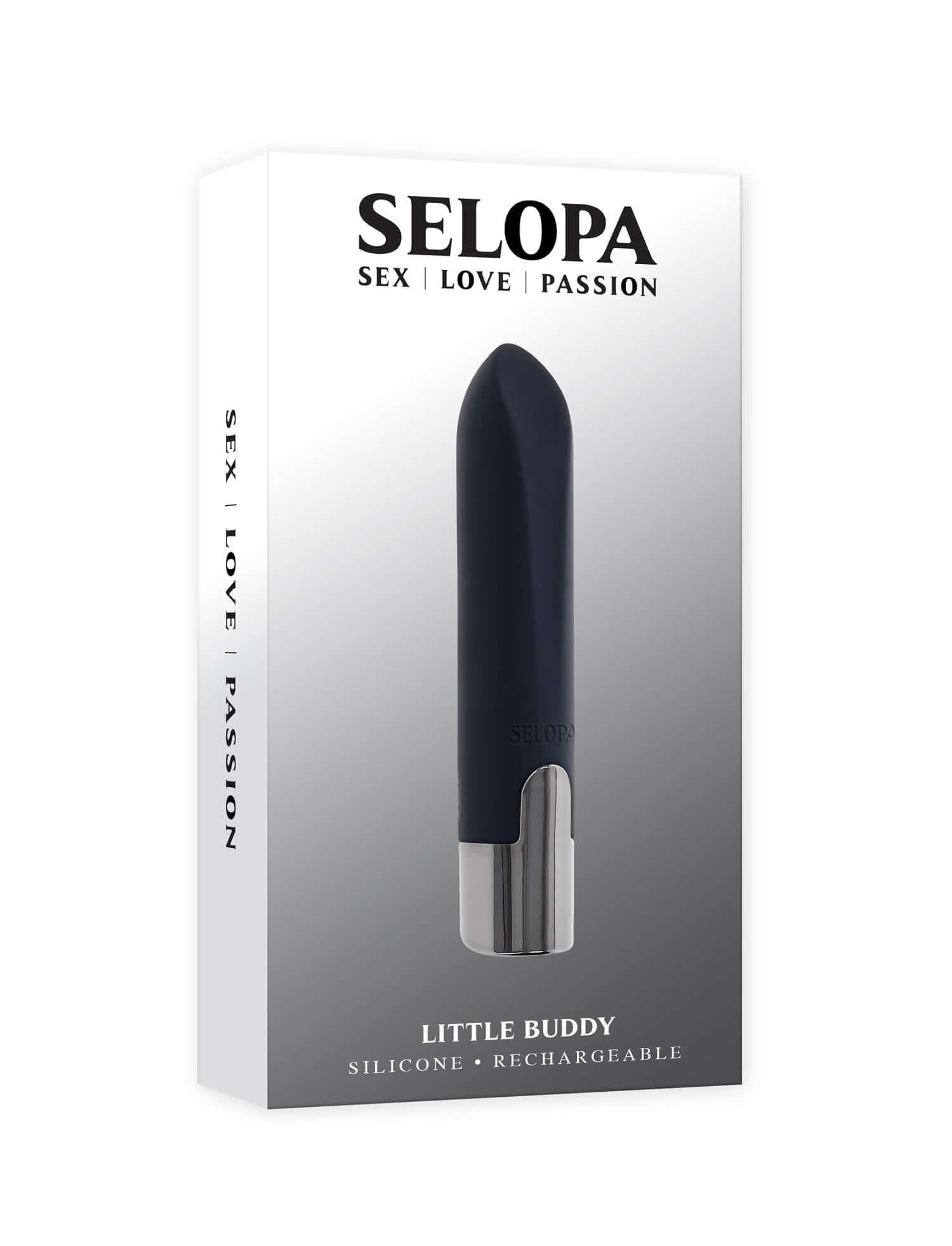 Little Buddy Bullet Vibrator in black packaging highlighting silicone, rechargeable features, and stylish design.