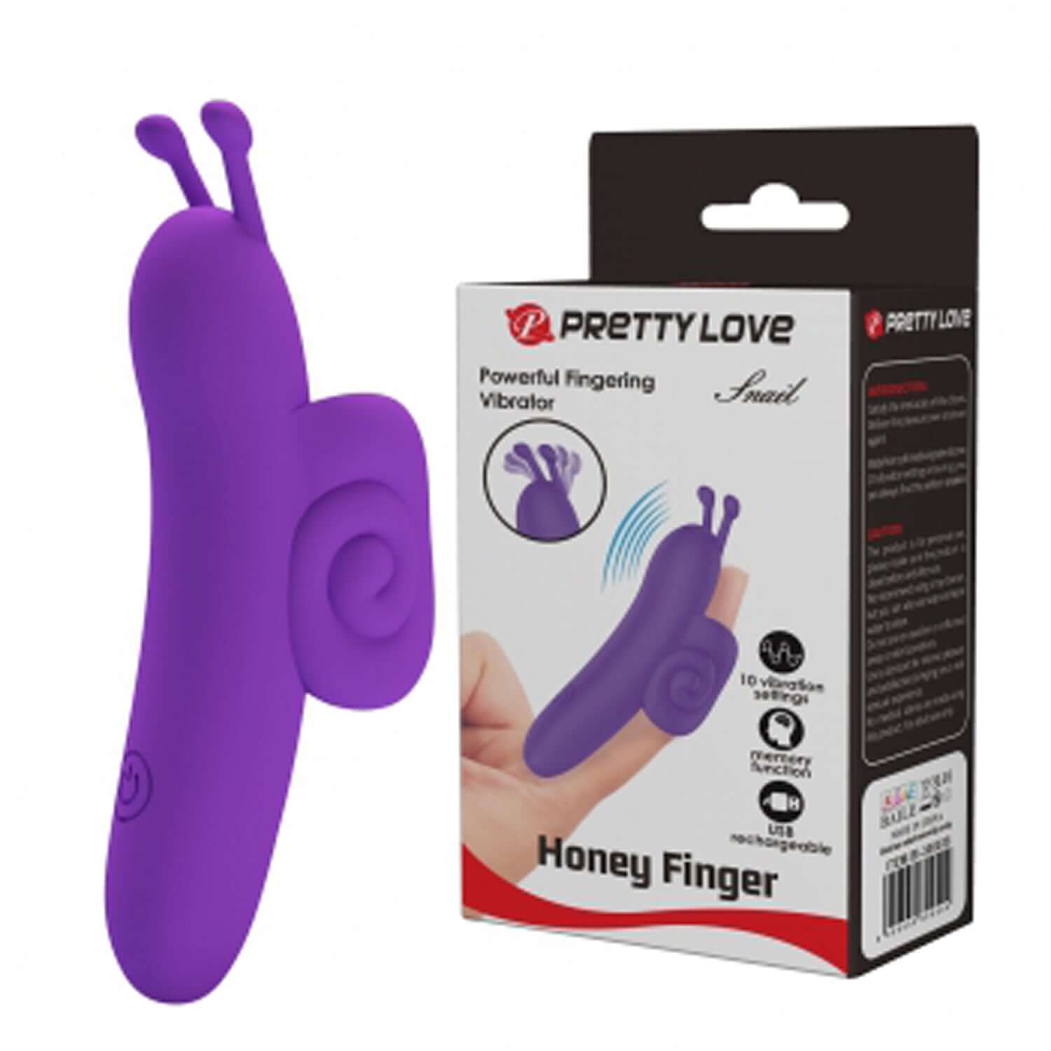 Snail Honey Finger Vibrator in purple, showcasing its ergonomic design and packaging with 10 vibration modes.