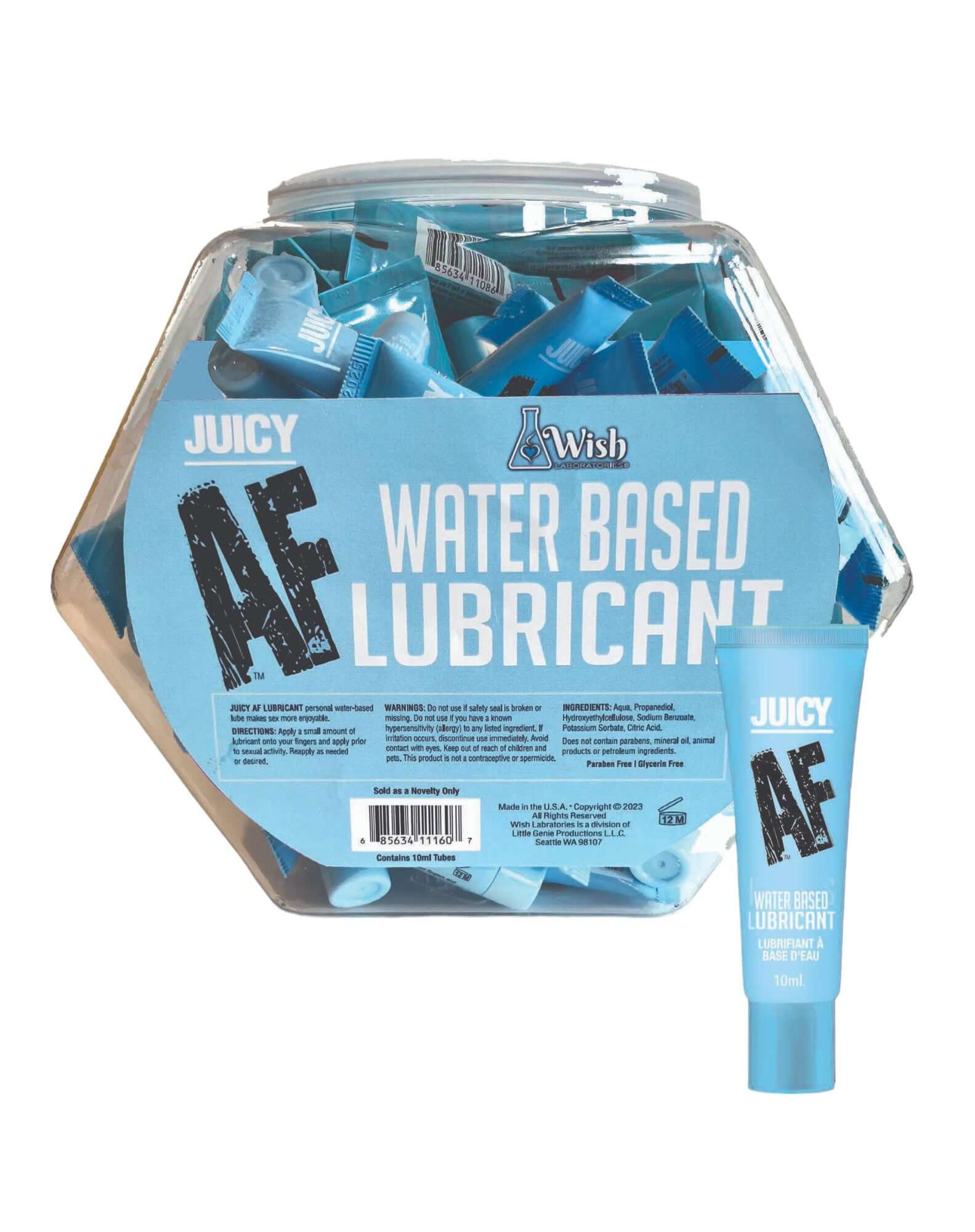 Pop display of 65 Juicy AF water-based lubricant tubes, 10ml each, made in the USA, with resealable caps, enhancing intimate pleasure.