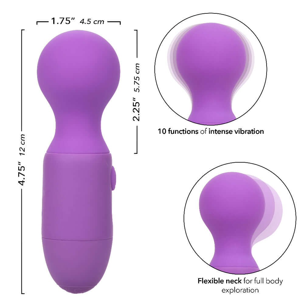 Purple First Time Rechargeable Massager with 10 vibration functions and a flexible neck, dimensions 4.75x1.75 inches