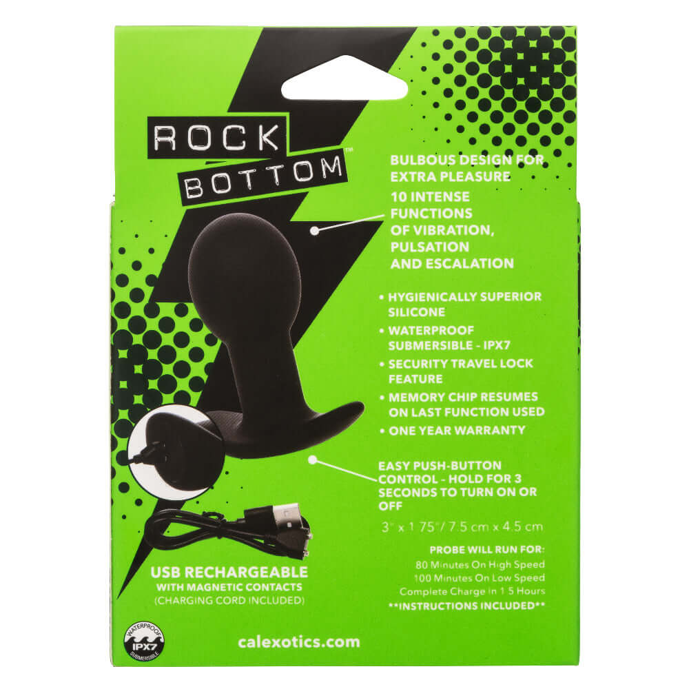 Packaging of Rock Bottom Pop Probe - Black, highlighting features like bulbous design, 10 functions, USB rechargeable, and superior silicone.