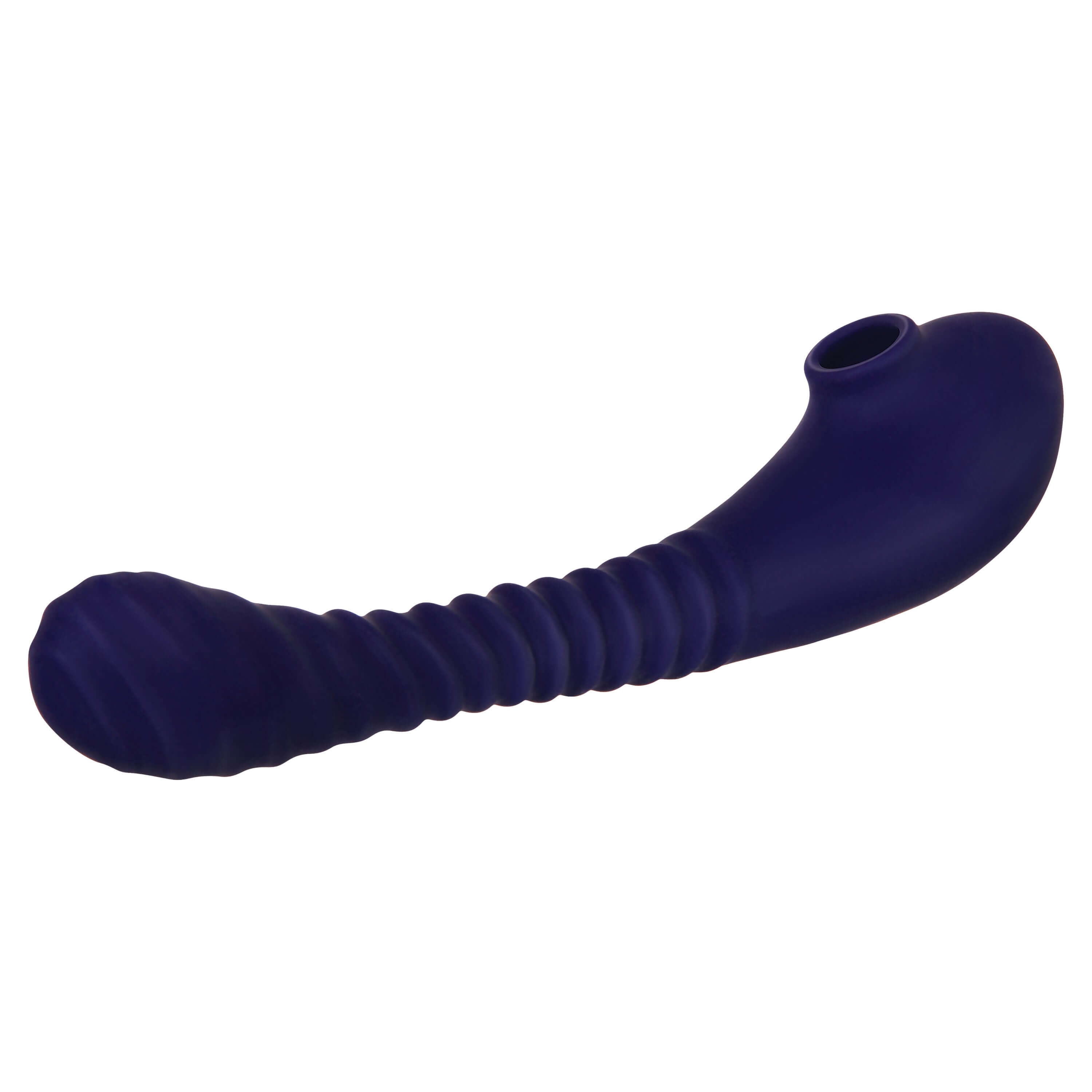 Double-ended bendable suction vibrator with ribbed-texture and stimulator, designed for dual stimulation and intense pleasure.