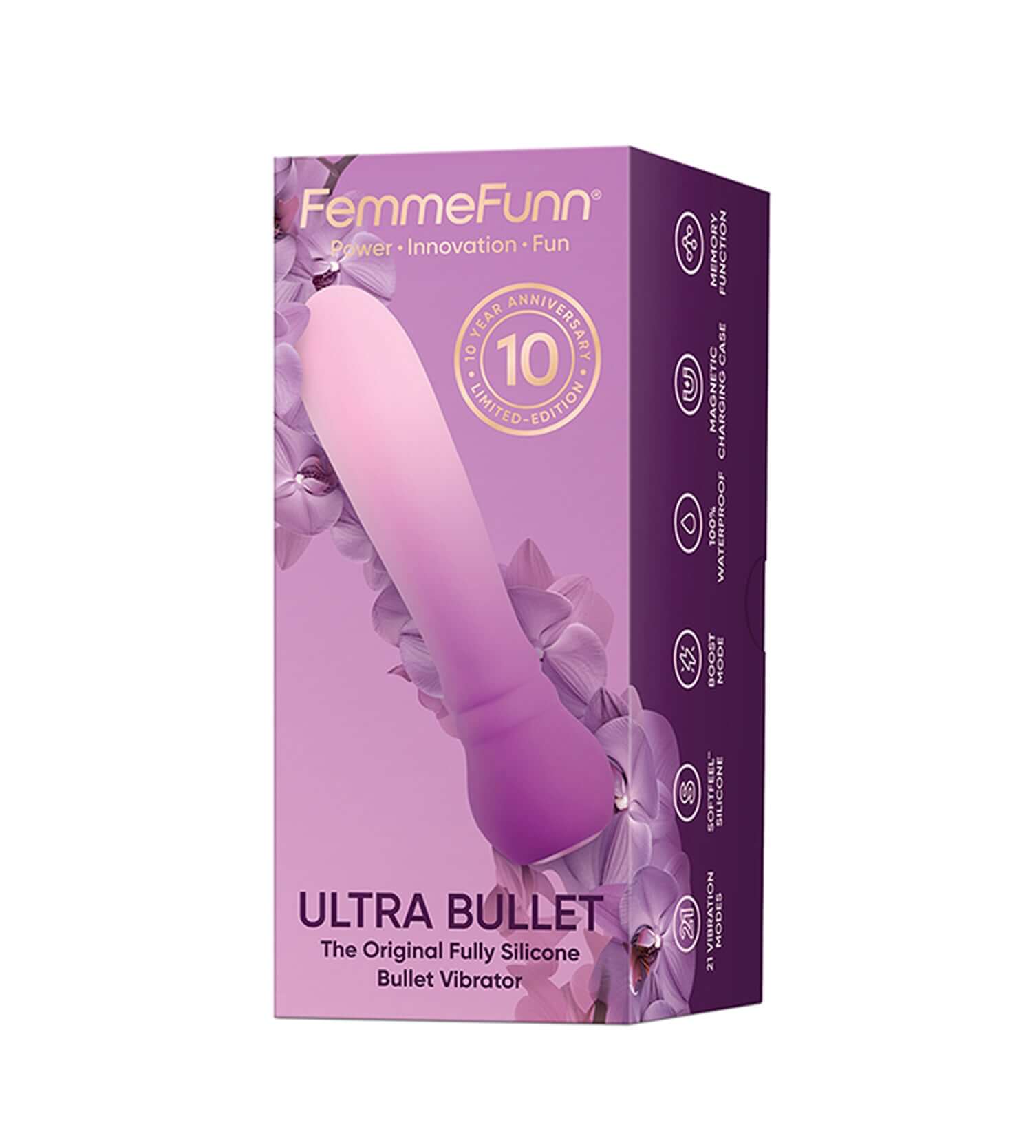 Anniversary Ultra Bullet Vibrator by FemmeFunn, 10th anniversary edition in orchid, featuring soft silicone finish.