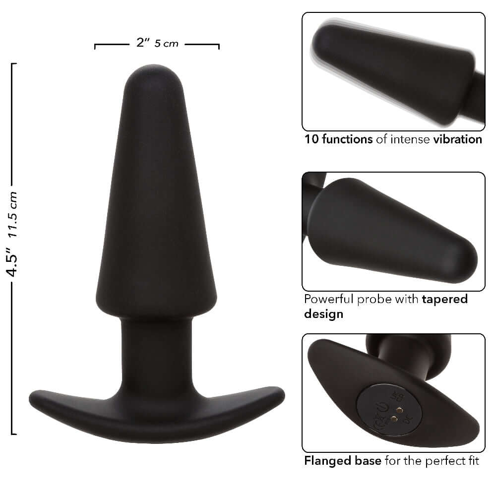 Black Rock Bottom Tapered Probe with 10 vibration functions, flanged base, and sleek design for deep, intense pleasure.