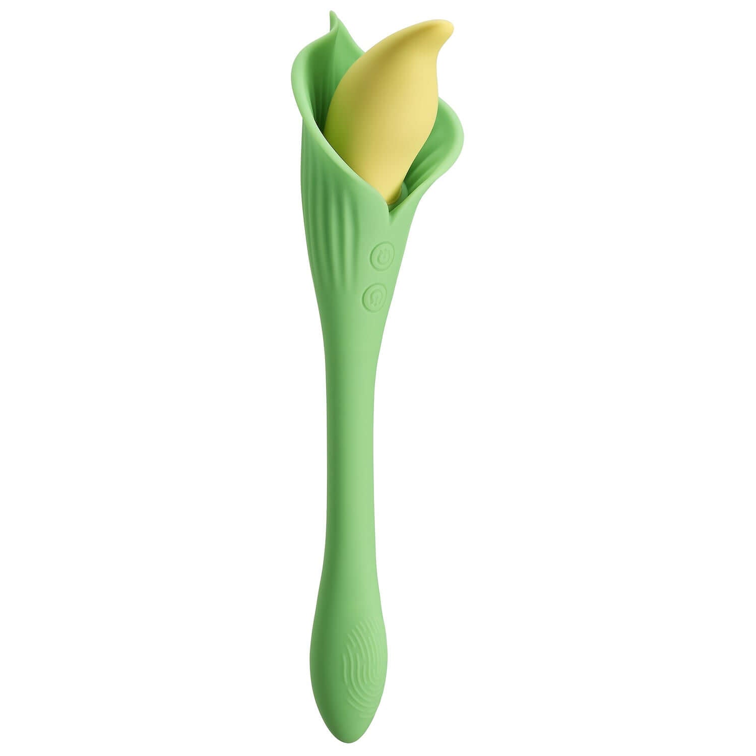 Green and yellow Spathe Lily Vibe two-motor vibrator inspired by peace lily, designed for internal and external stimulation.