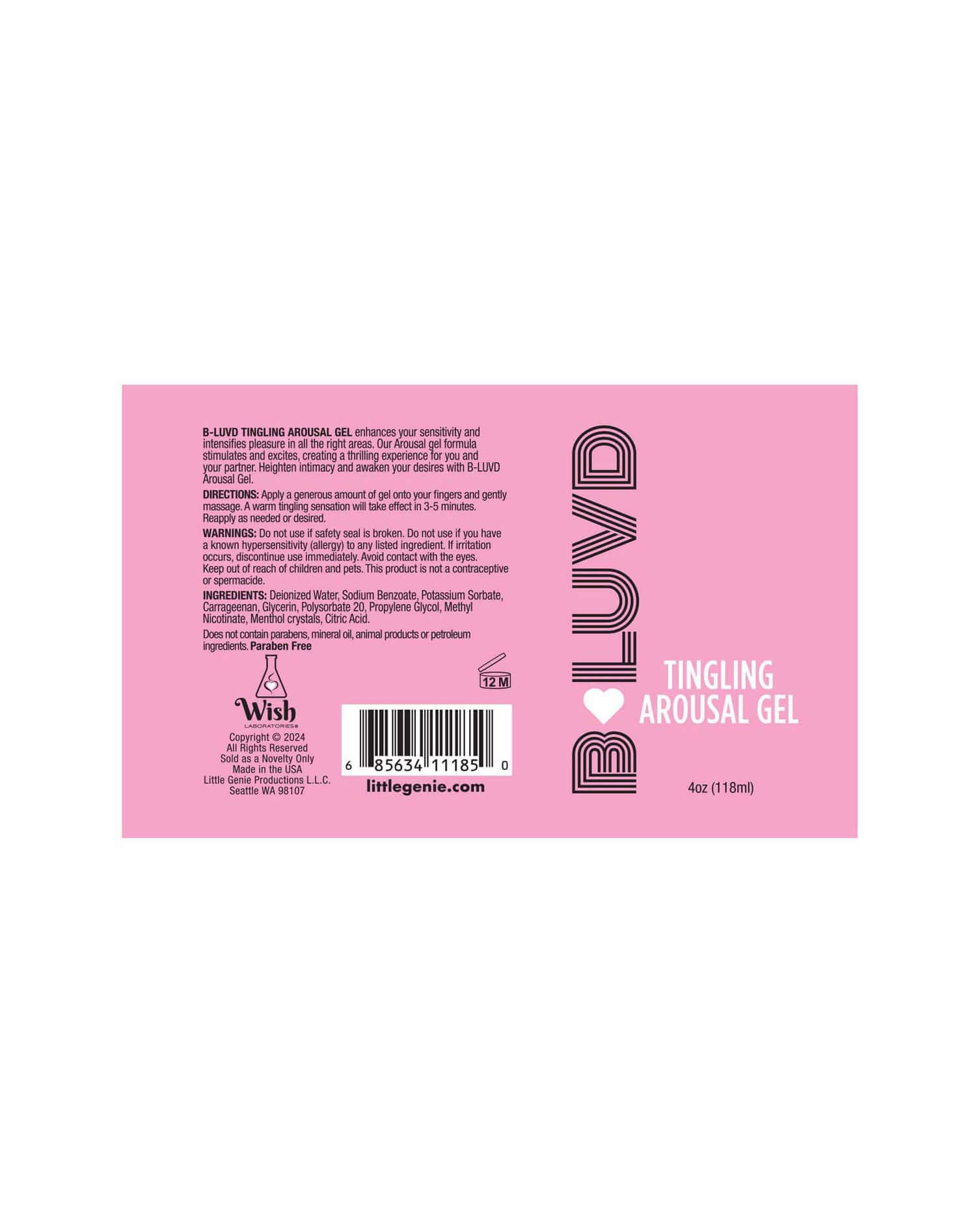 B-Luvd Tingling Arousal Gel packaging, 4oz bottle label on pink background, enhancing intimacy and sensitivity.