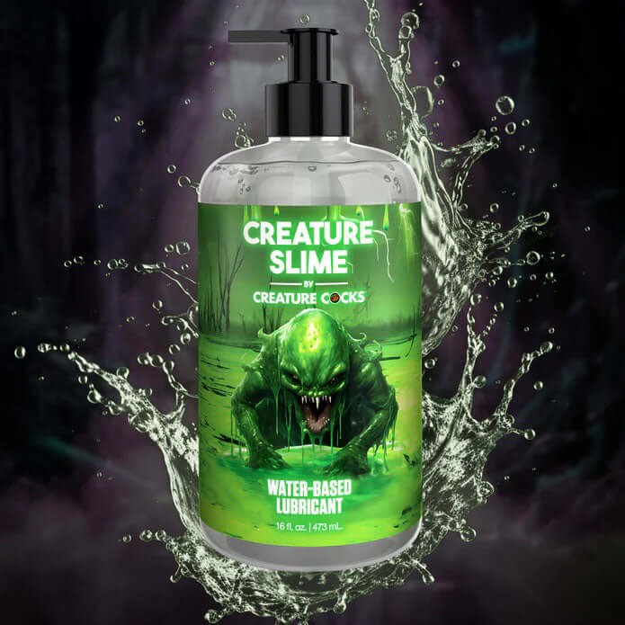 Creature Slime Water-Based Lubricant 16oz bottle with green creature, unscented and glycerin-free for internal use, easy clean-up with water and soap