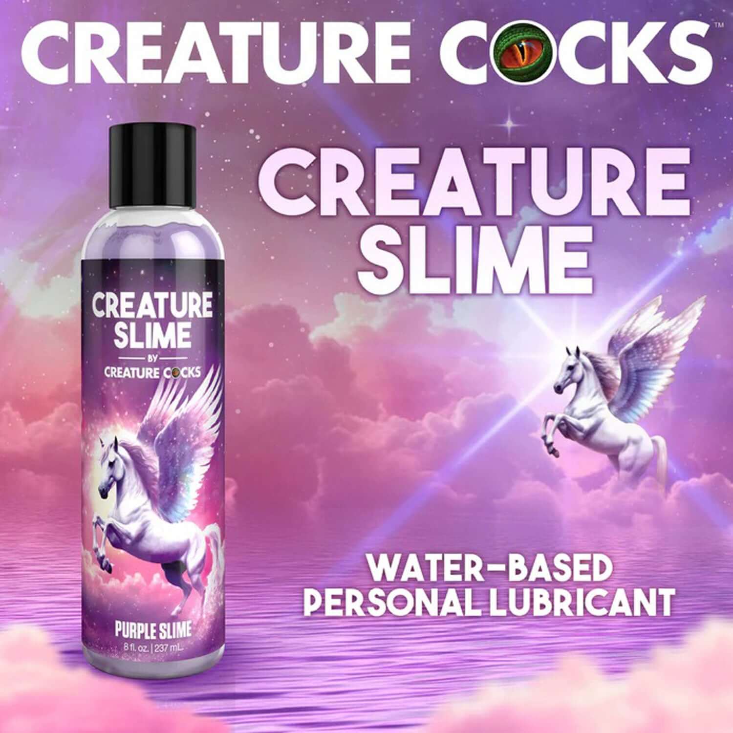 8oz Creature Slime Purple Water-Based Lubricant with magical unicorn imagery against a pink and purple clouded sky.