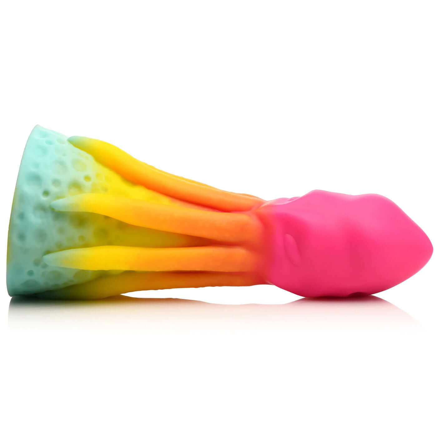 Rainbow colored King Kraken Silicone Dildo with bulbous head and ropey textured legs made of body safe, phthalate-free silicone.