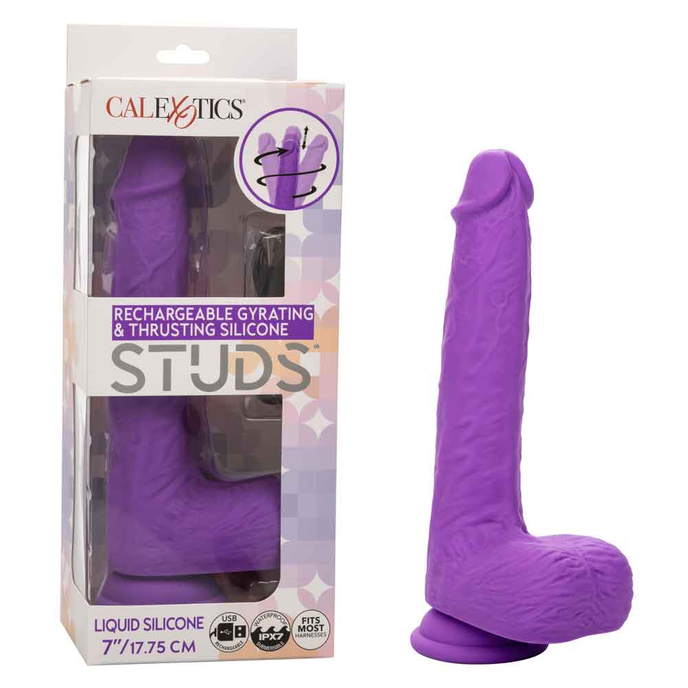 Rechargeable Gyrating and Thrusting Silicone Studs in Purple with packaging box