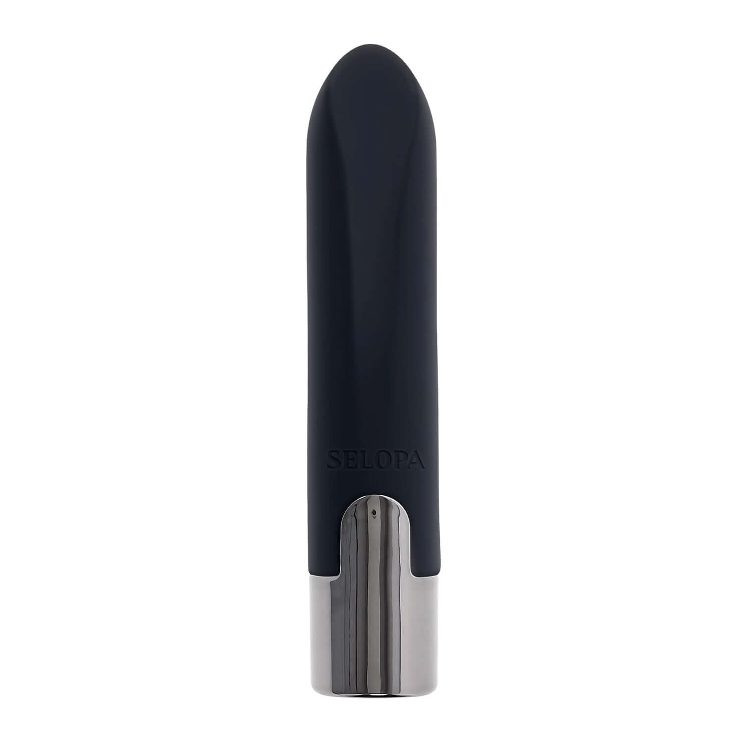 Little Buddy Bullet Vibrator in black silicone with chrome base, featuring angled tip for targeted precision.