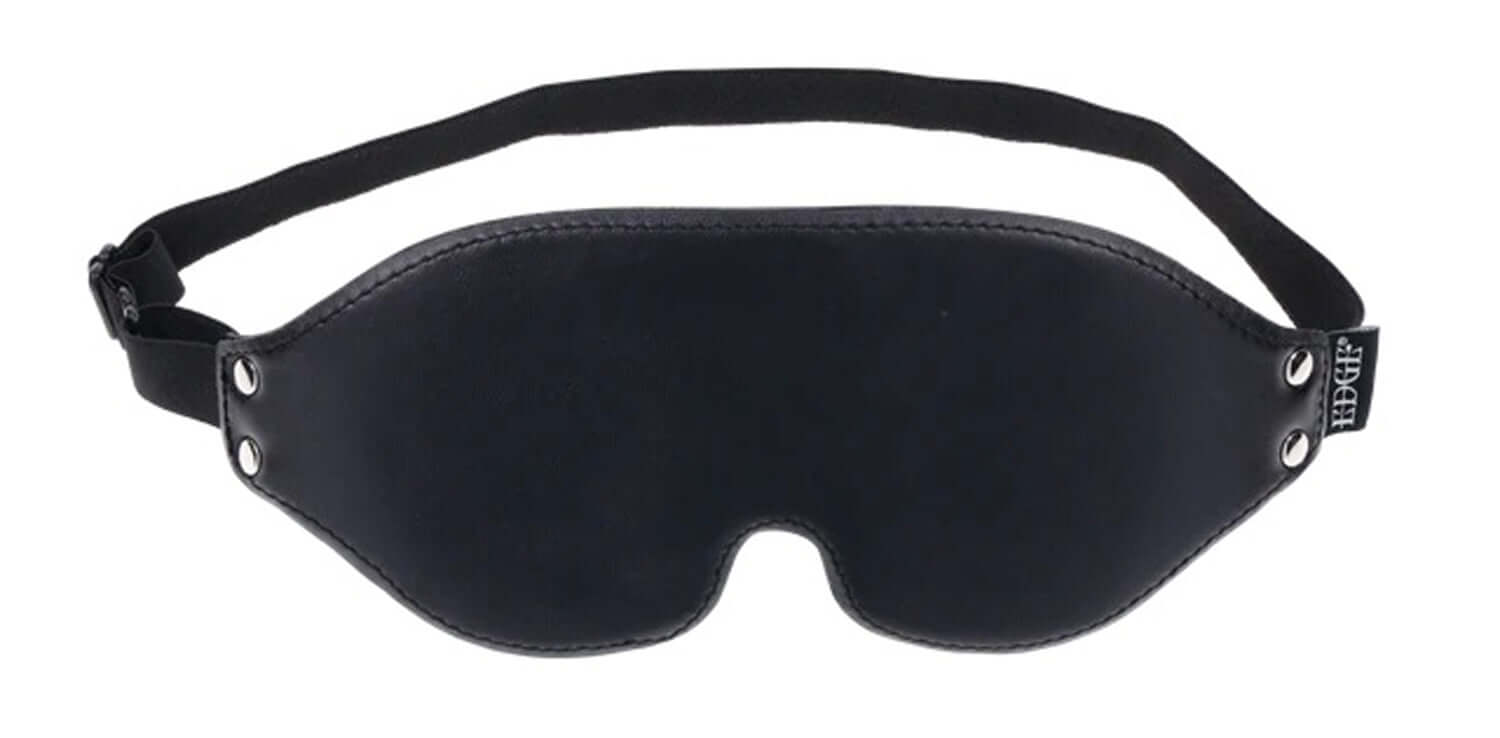 Edge Lights Out Black Blindfold for sensory play, featuring premium faux leather and memory foam for comfort.