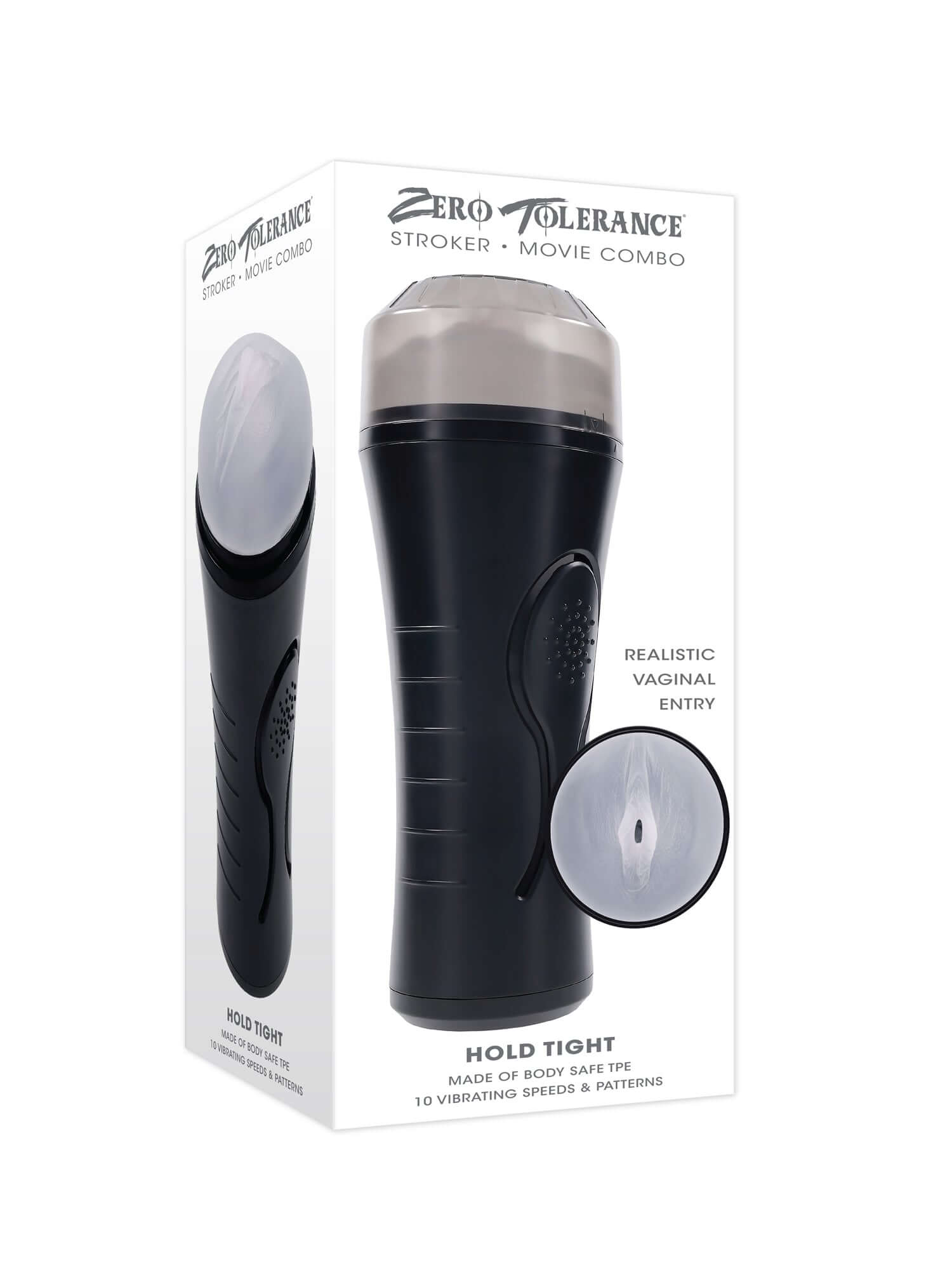 Hold Tight Vagina Stroker in black packaging showcasing realistic vaginal entry and squeeze handle for adjustable tightness.