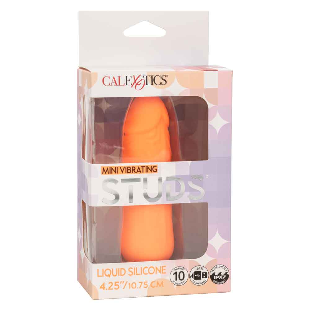 Mini Vibrating Studs Orange in packaging - 4.25 inches liquid silicone vibrator with 10 functions of vibration, pulsation, and escalation